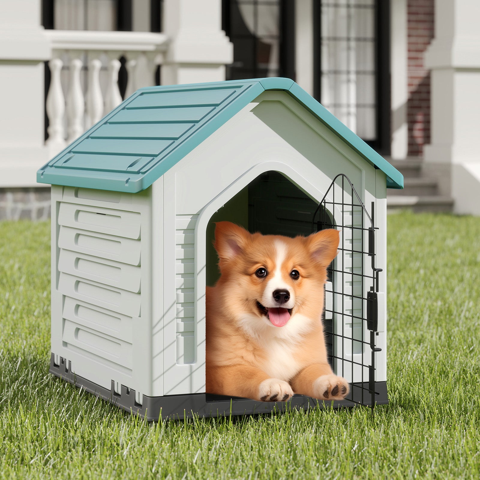 Plastic Dog House with Metal Lockable Door and Air Vents-Dark Blue