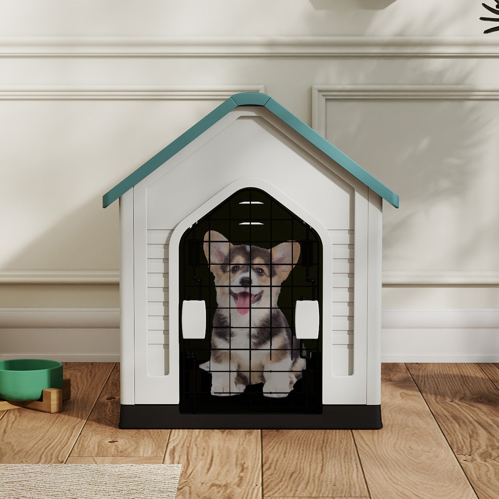 Plastic Dog House with Metal Lockable Door and Air Vents-Dark Blue