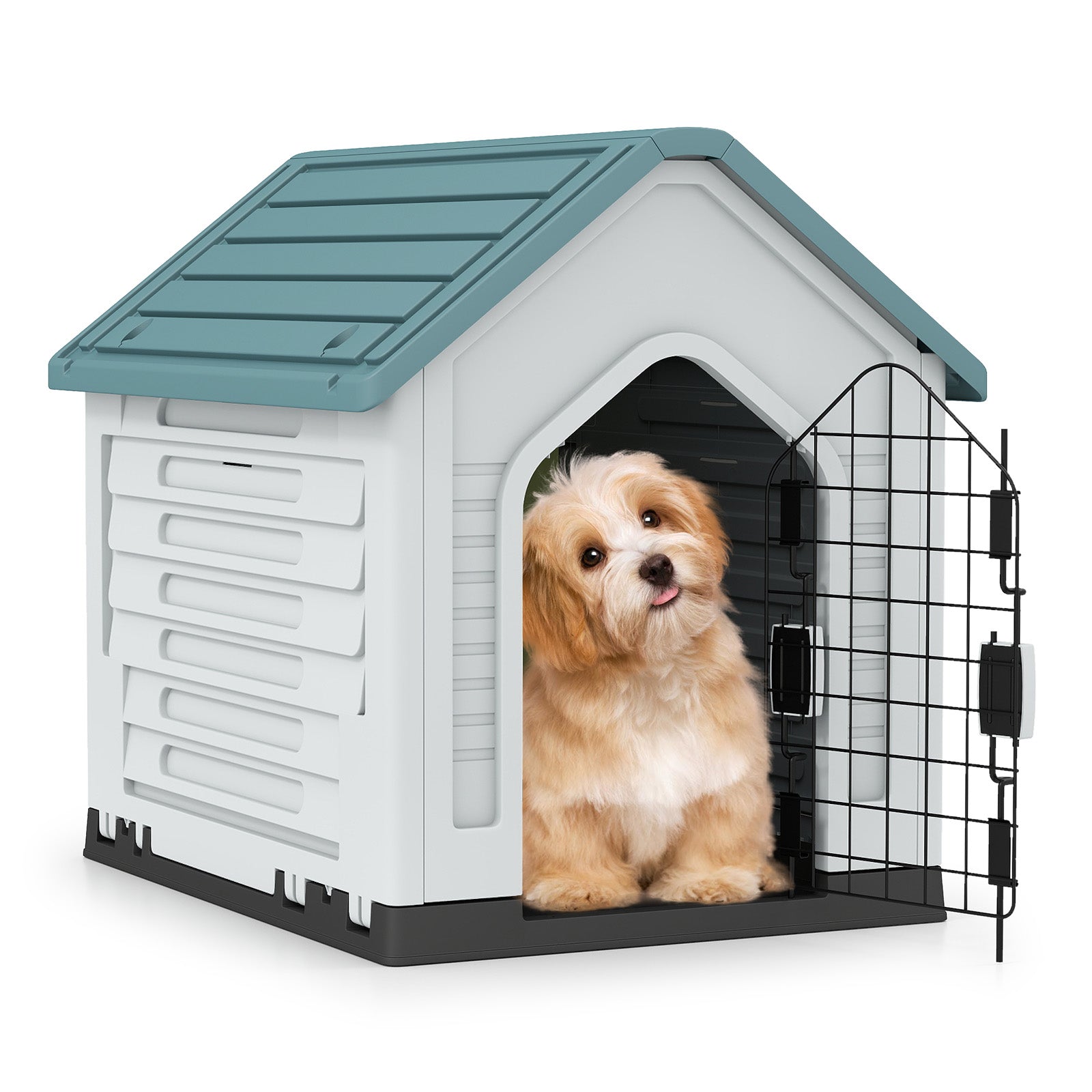 Plastic Dog House with Metal Lockable Door and Air Vents-Dark Blue