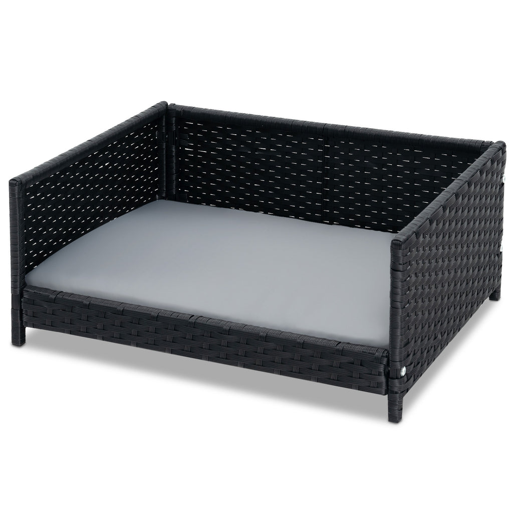 Handwoven Wicker Pet Bed Sofa Couch with Metal Frame and Cushion-Grey