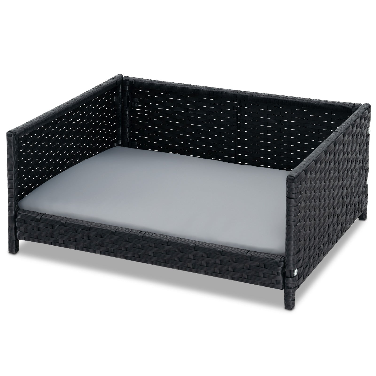 Handwoven Wicker Pet Bed Sofa Couch with Metal Frame and Cushion-Grey