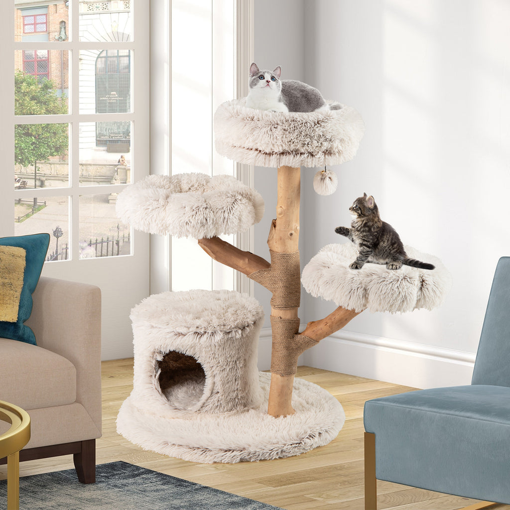 102 CM Tall Real Wood Branch Kitten Tower with Condo and 2 Flower Platforms-White
