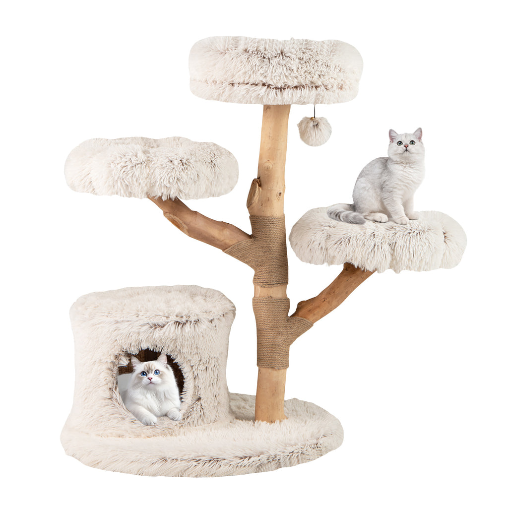 102 CM Tall Real Wood Branch Kitten Tower with Condo and 2 Flower Platforms-White