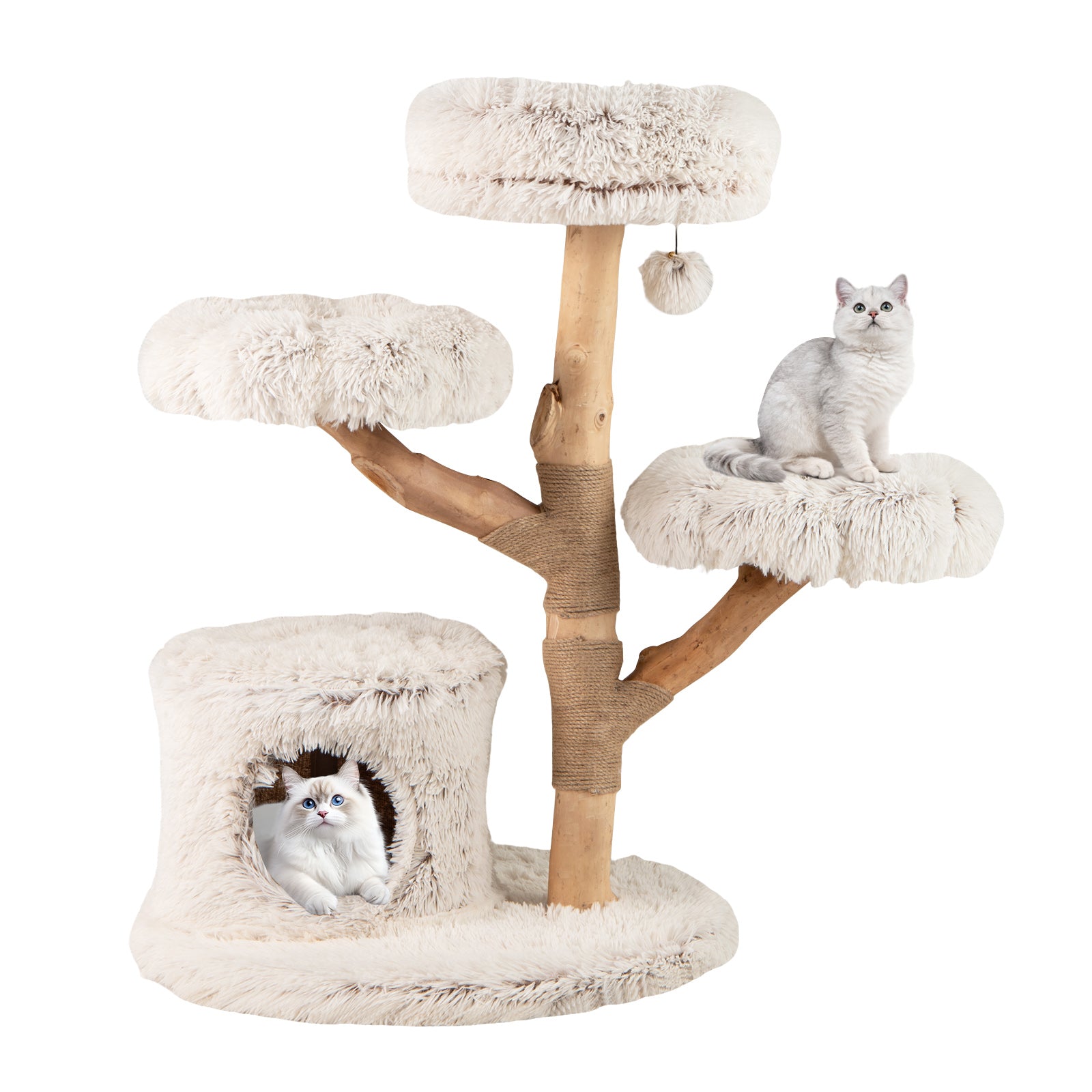 102 CM Tall Real Wood Branch Kitten Tower with Condo and 2 Flower Platforms-White