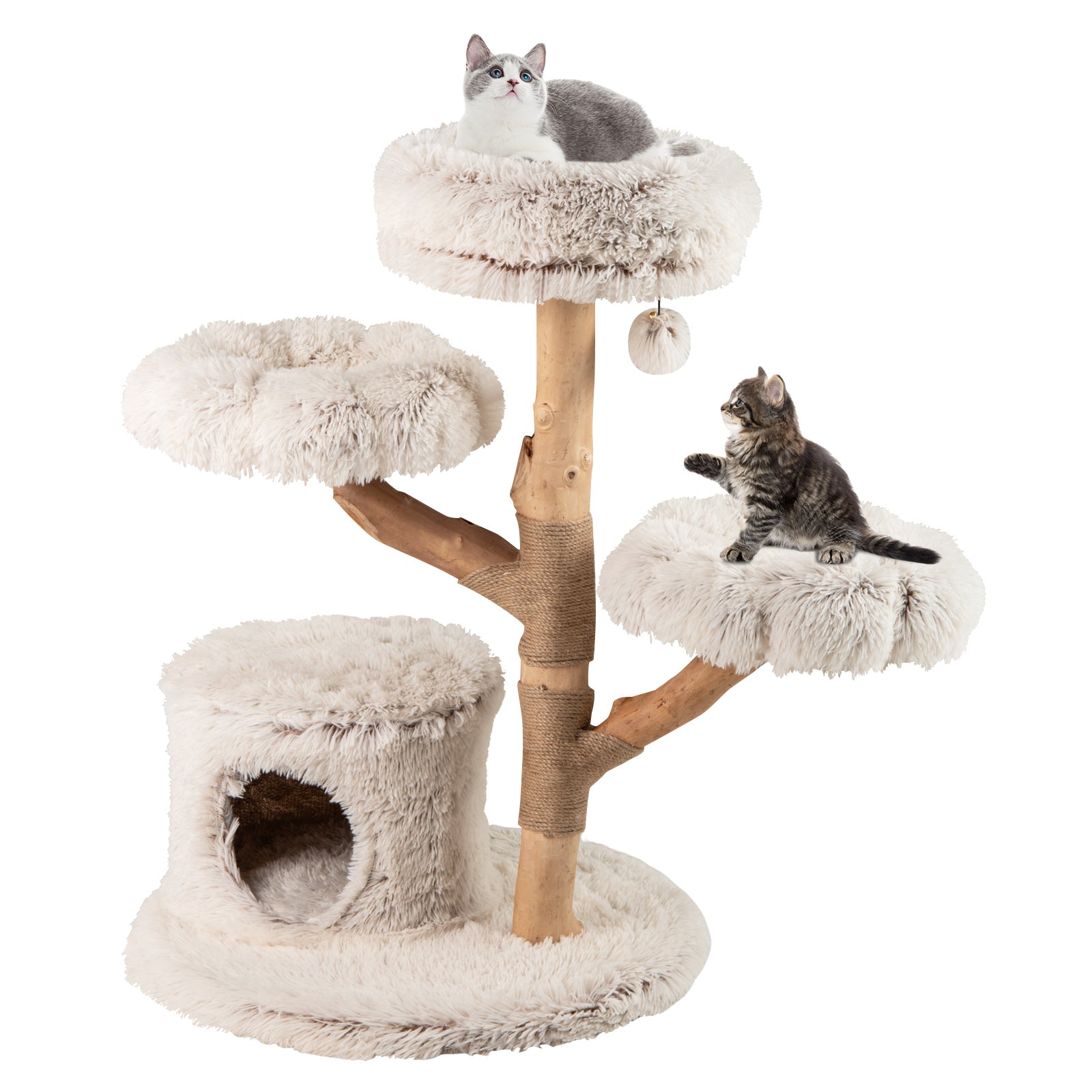 102 CM Tall Real Wood Branch Kitten Tower with Condo and 2 Flower Platforms-White