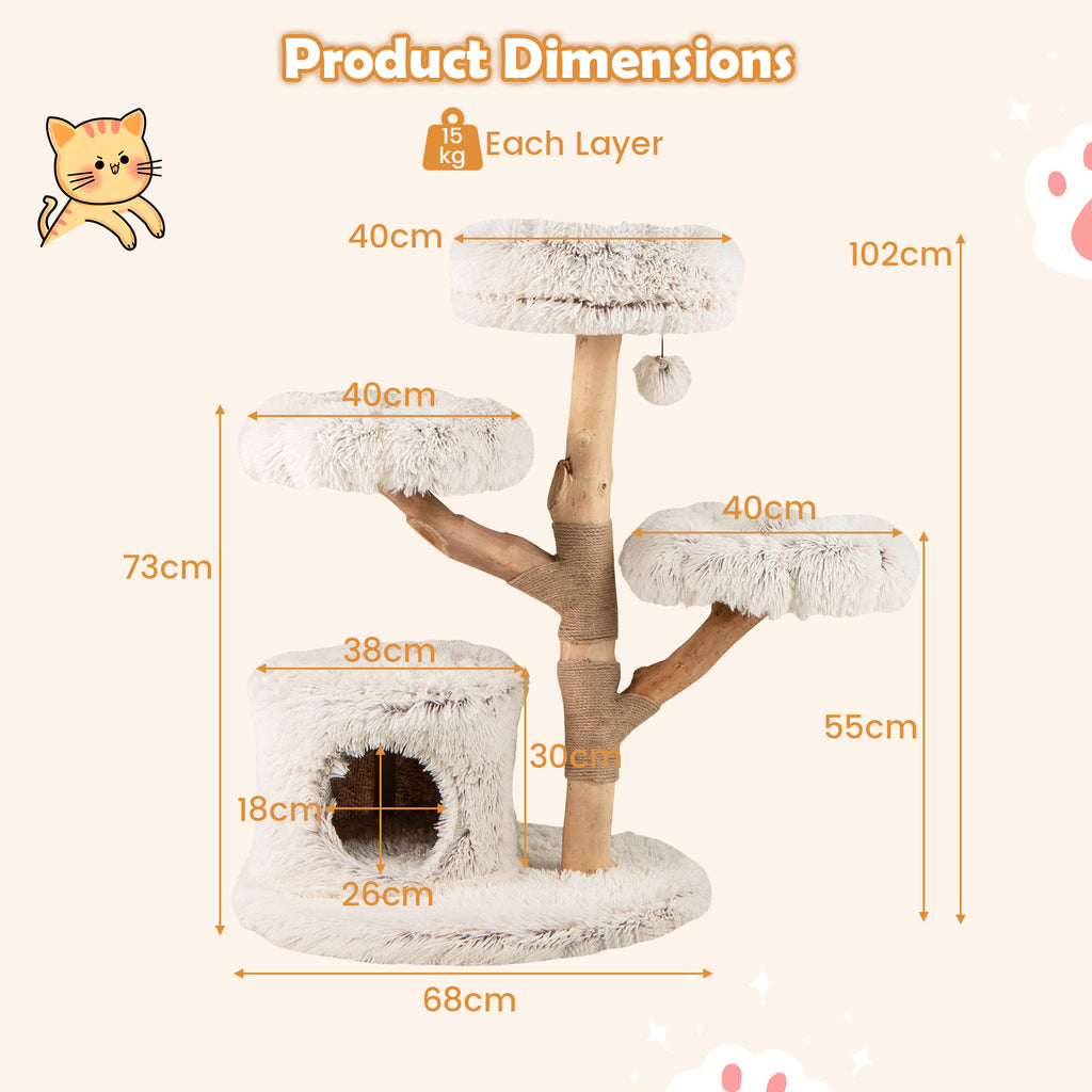 102 CM Tall Real Wood Branch Kitten Tower with Condo and 2 Flower Platforms-White