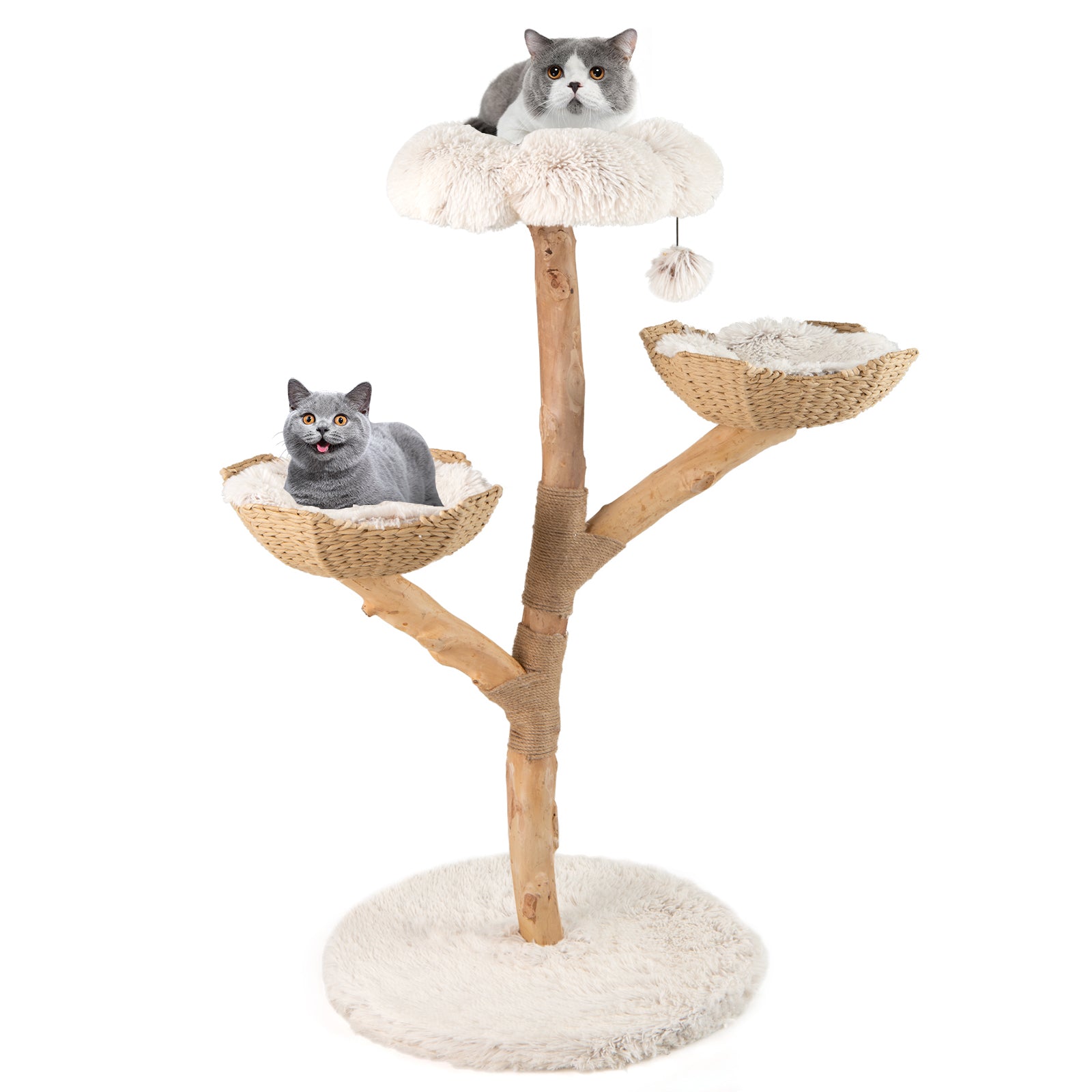 122 CM Tall Real Wood Branch Kitten Tower with Flower Perch and 2 Wicker Baskets-White
