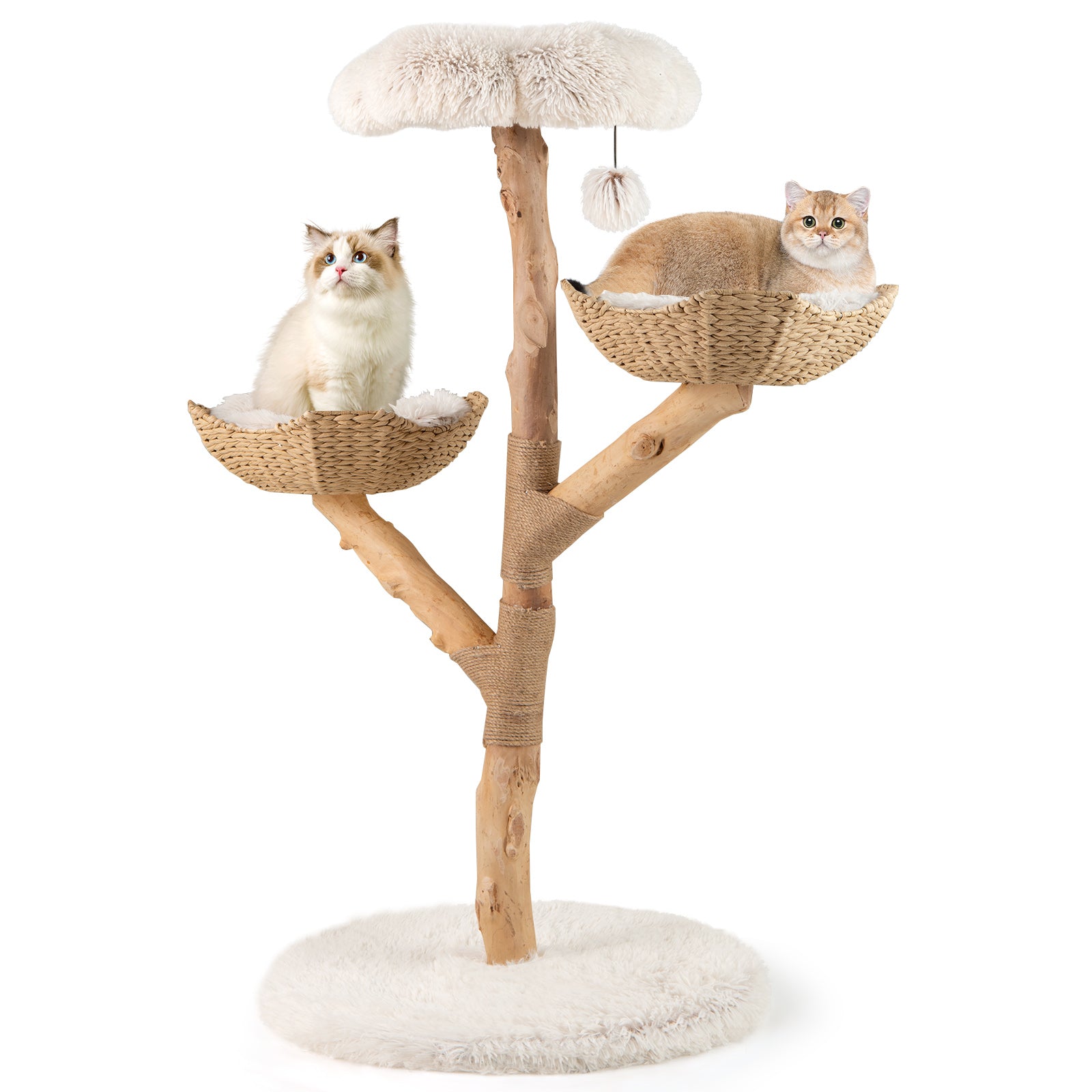 122 CM Tall Real Wood Branch Kitten Tower with Flower Perch and 2 Wicker Baskets-White