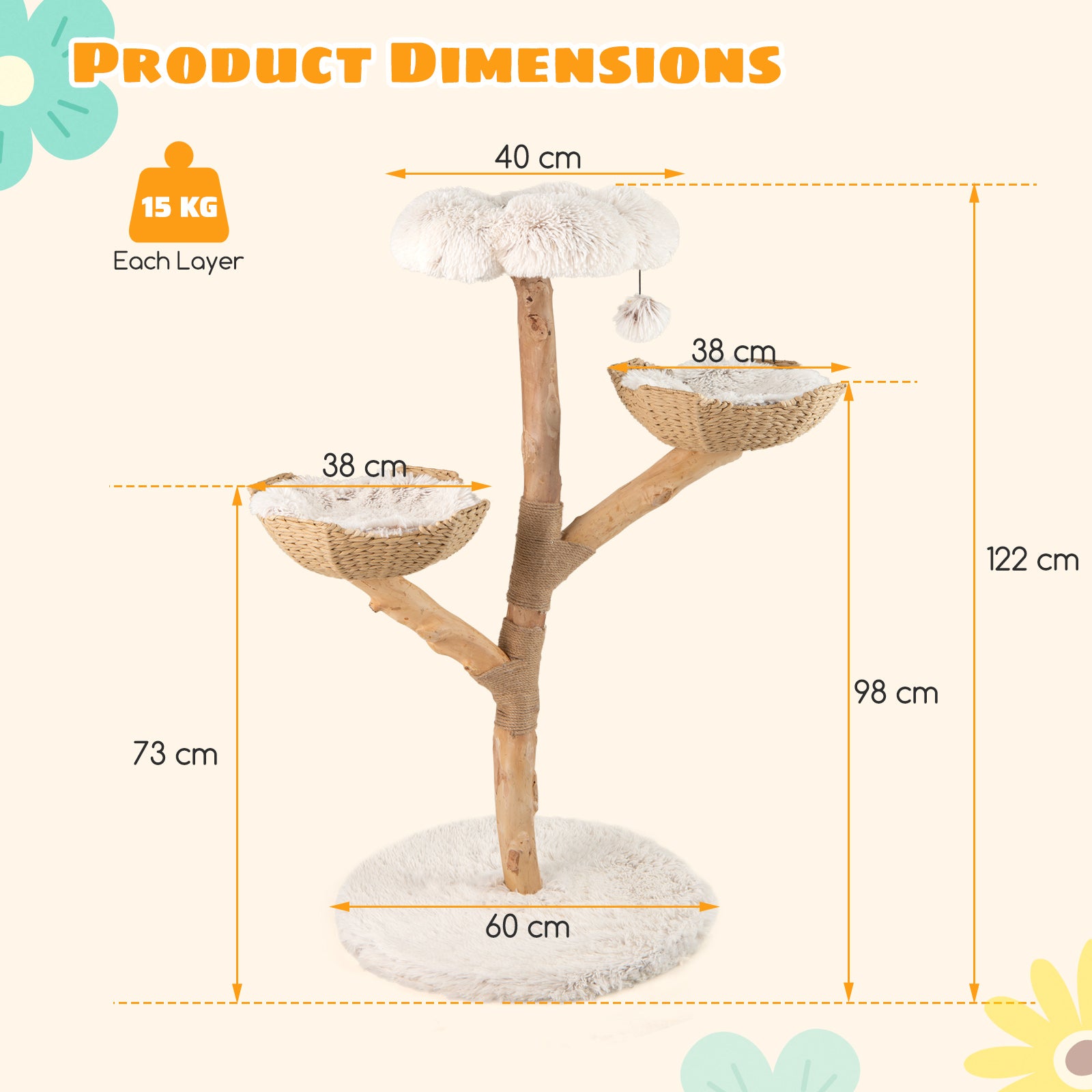 122 CM Tall Real Wood Branch Kitten Tower with Flower Perch and 2 Wicker Baskets-White