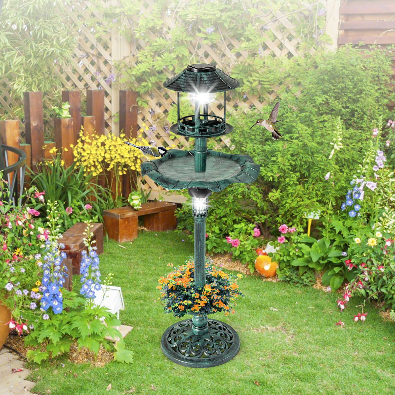 Antique Lighted Birdbath and Feeder Combo with 2 Solar-powered Lamps-Green