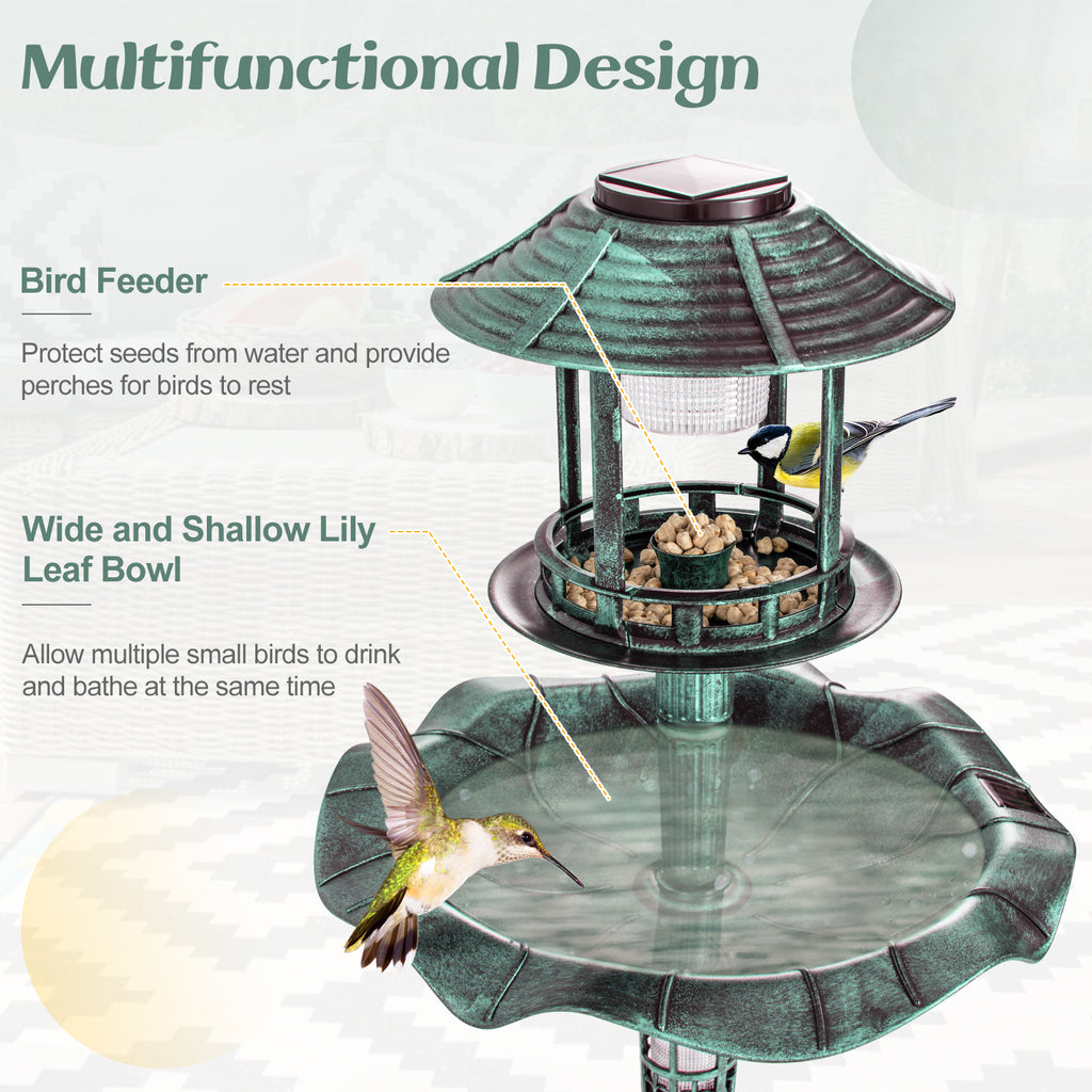 Antique Lighted Birdbath and Feeder Combo with 2 Solar-powered Lamps-Green