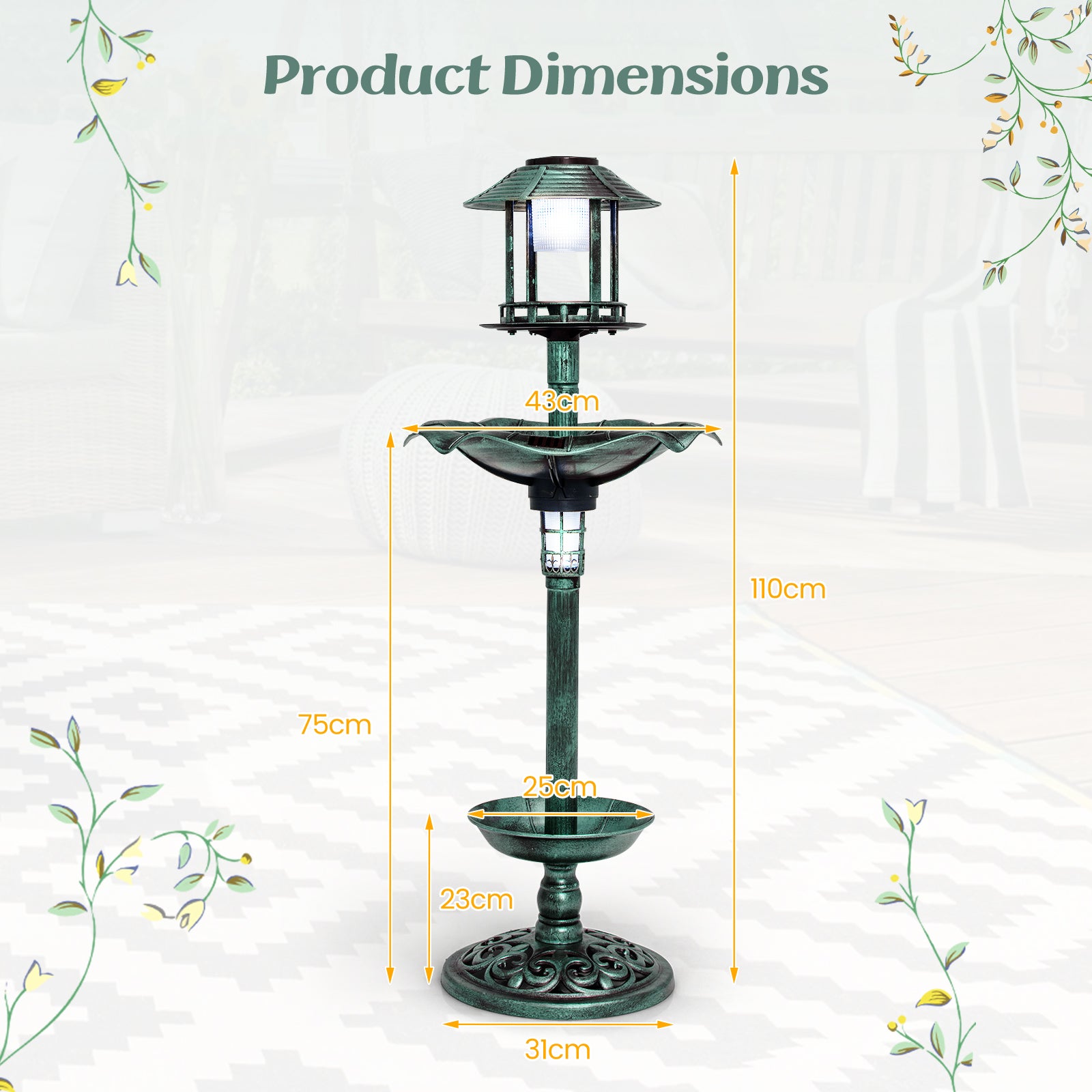 Antique Lighted Birdbath and Feeder Combo with 2 Solar-powered Lamps-Green