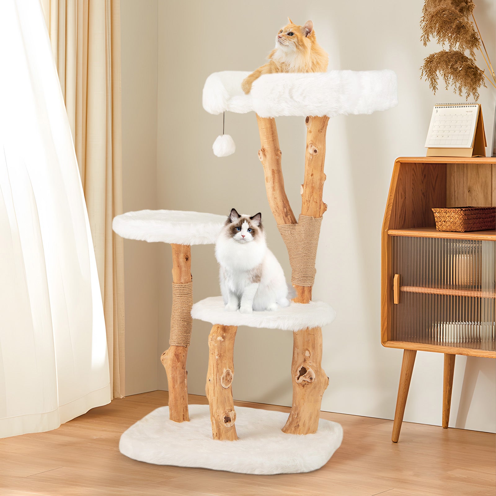 Solid Wood Cat Tree with Perch and Dangling Ball-White