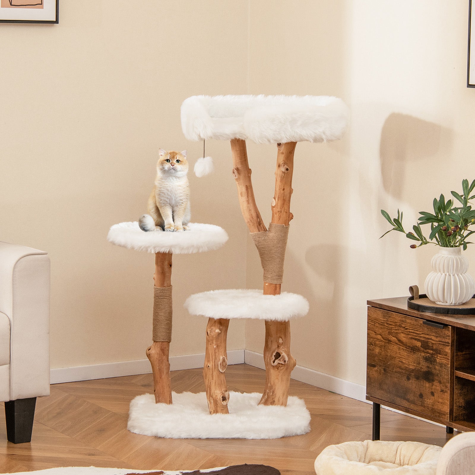 Solid Wood Cat Tree with Perch and Dangling Ball-White