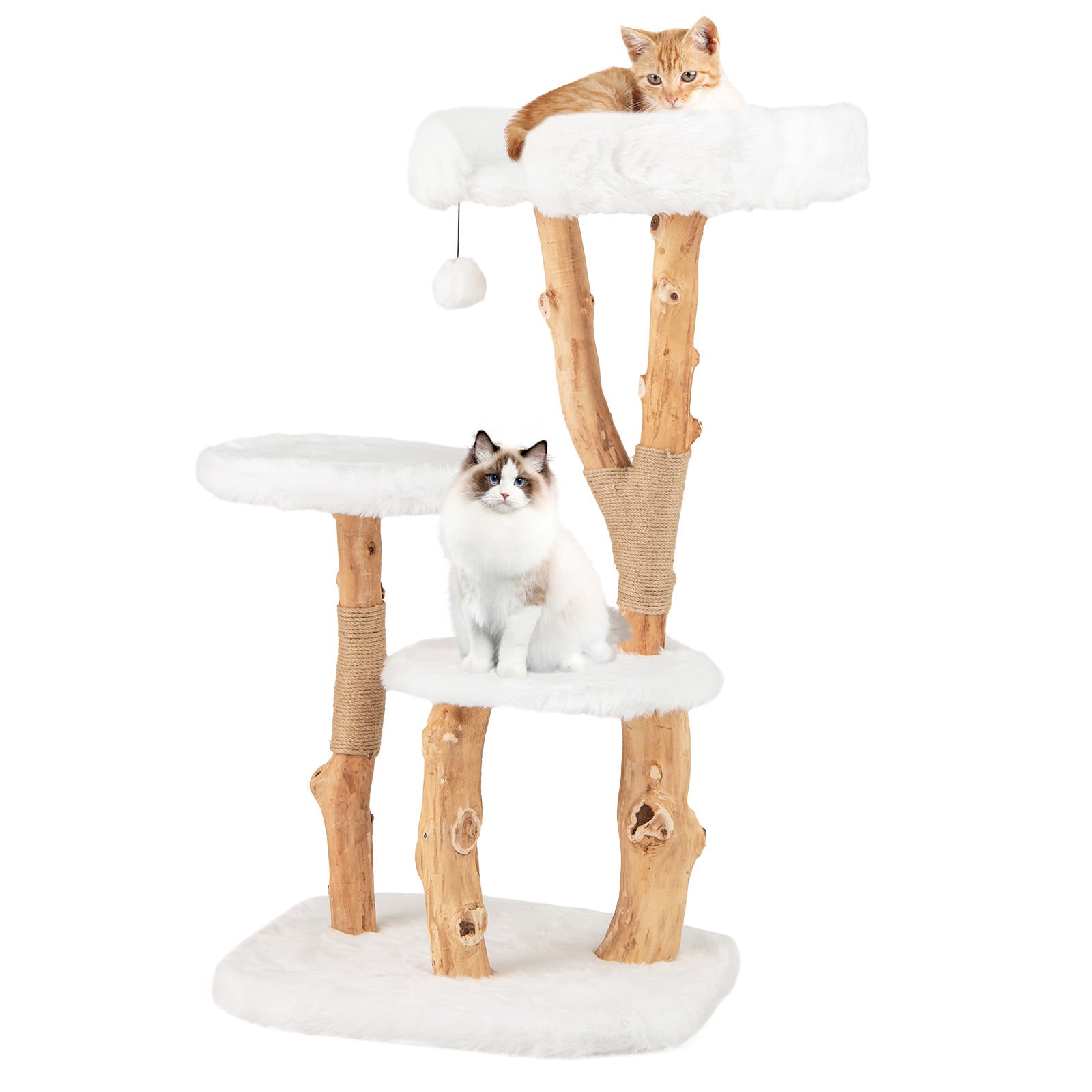 Solid Wood Cat Tree with Perch and Dangling Ball-White