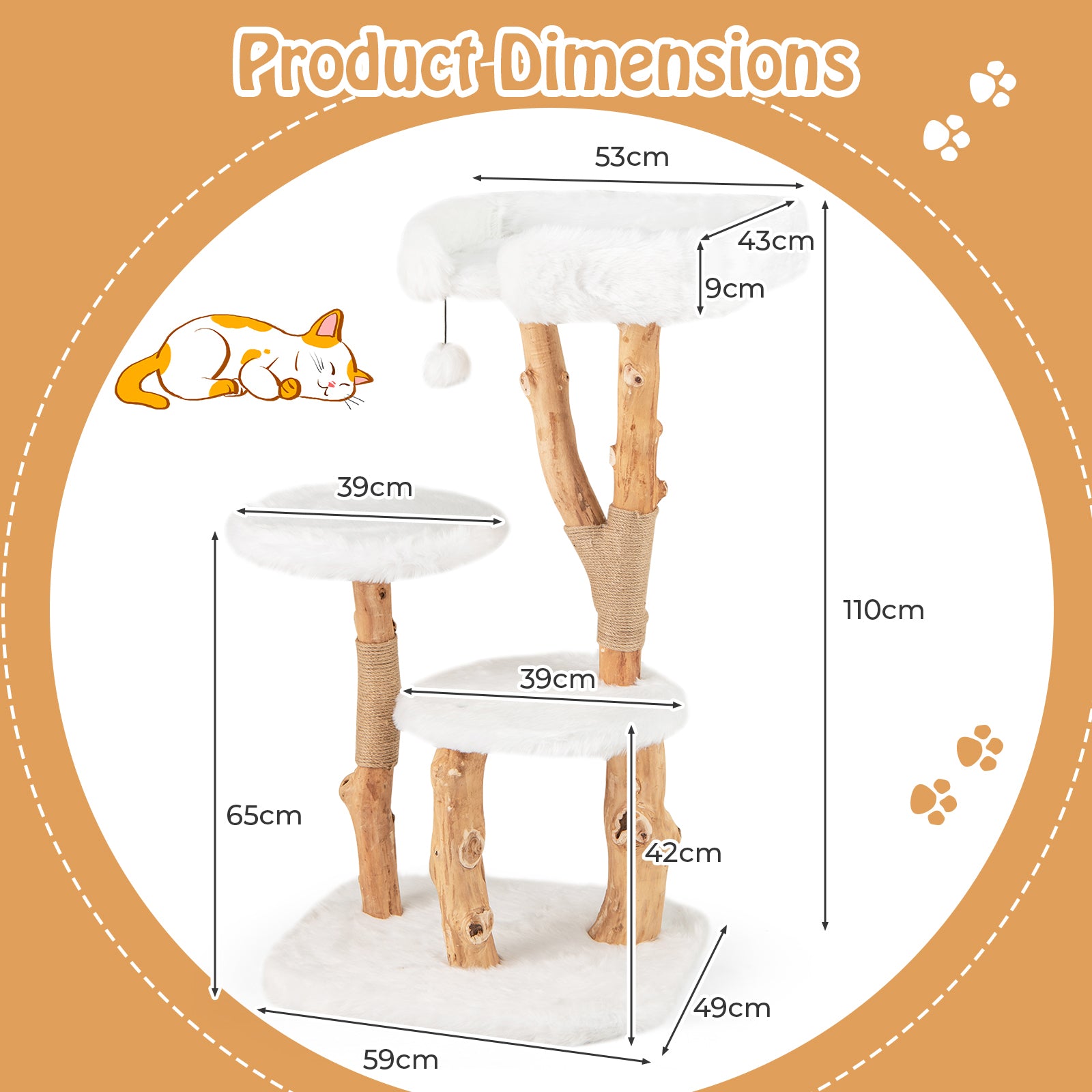 Solid Wood Cat Tree with Perch and Dangling Ball-White