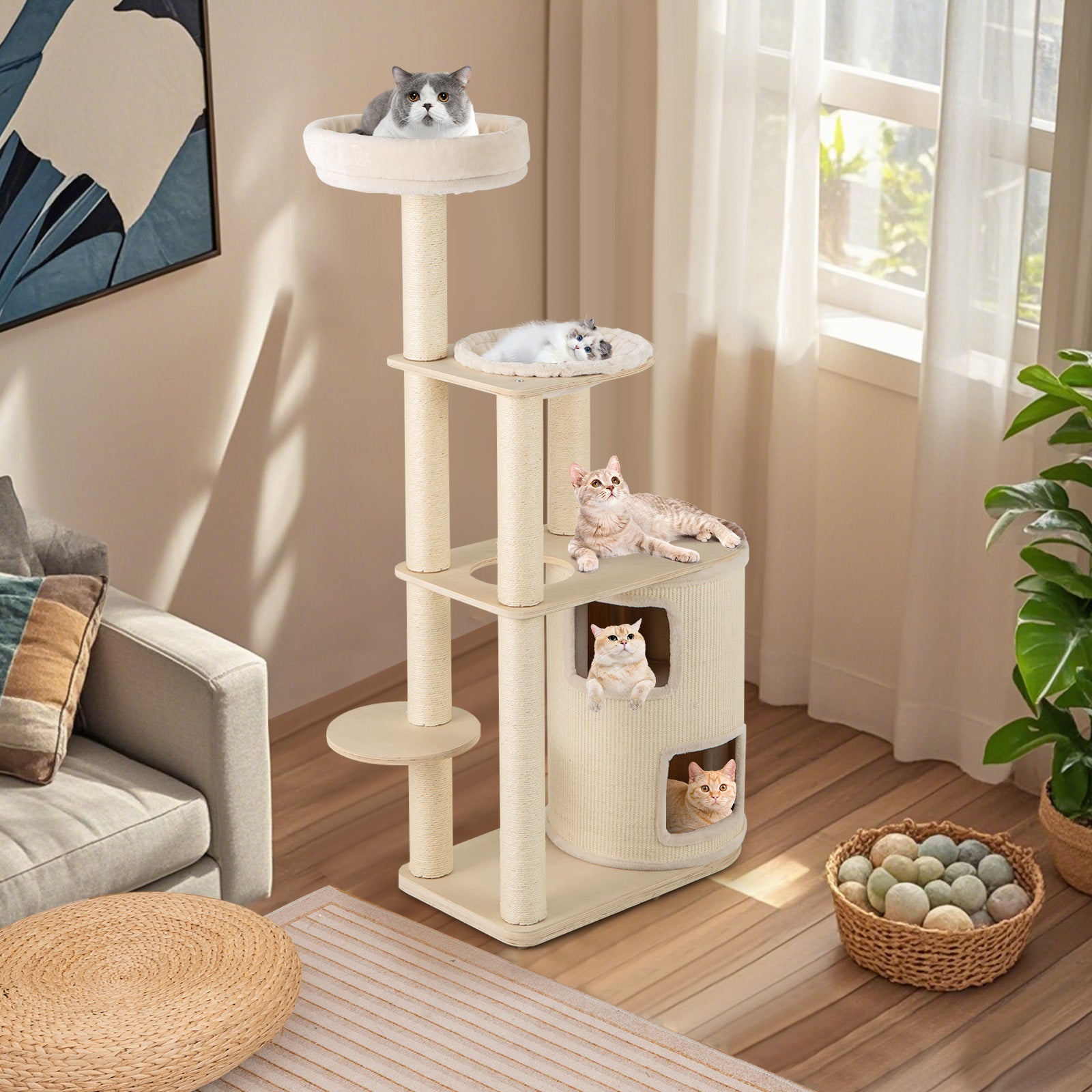 Tall Cat Tree for Indoor Cats Modern Wood Cat Tower with 2-Story Condo-Natural