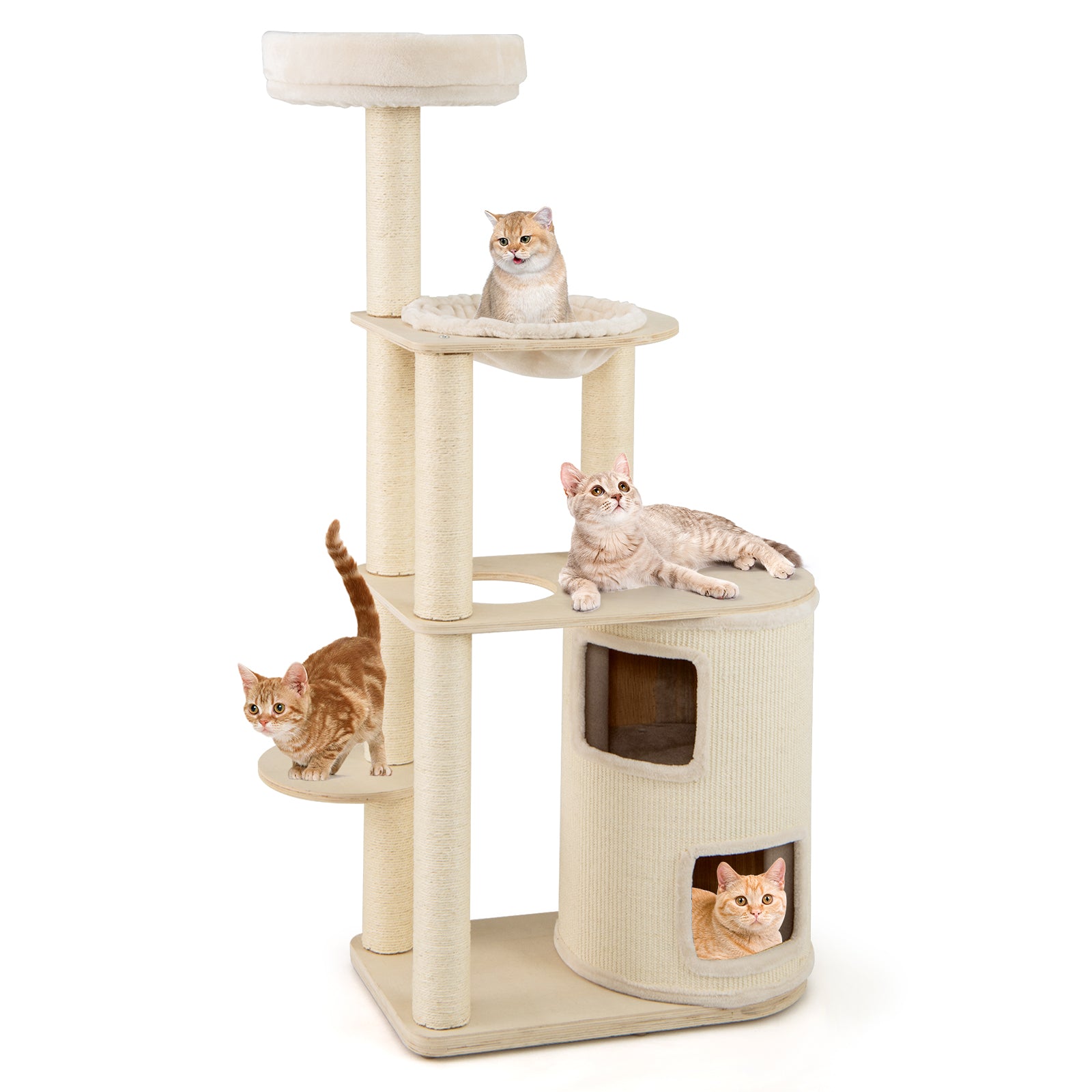 Tall Cat Tree for Indoor Cats Modern Wood Cat Tower with 2-Story Condo-Natural