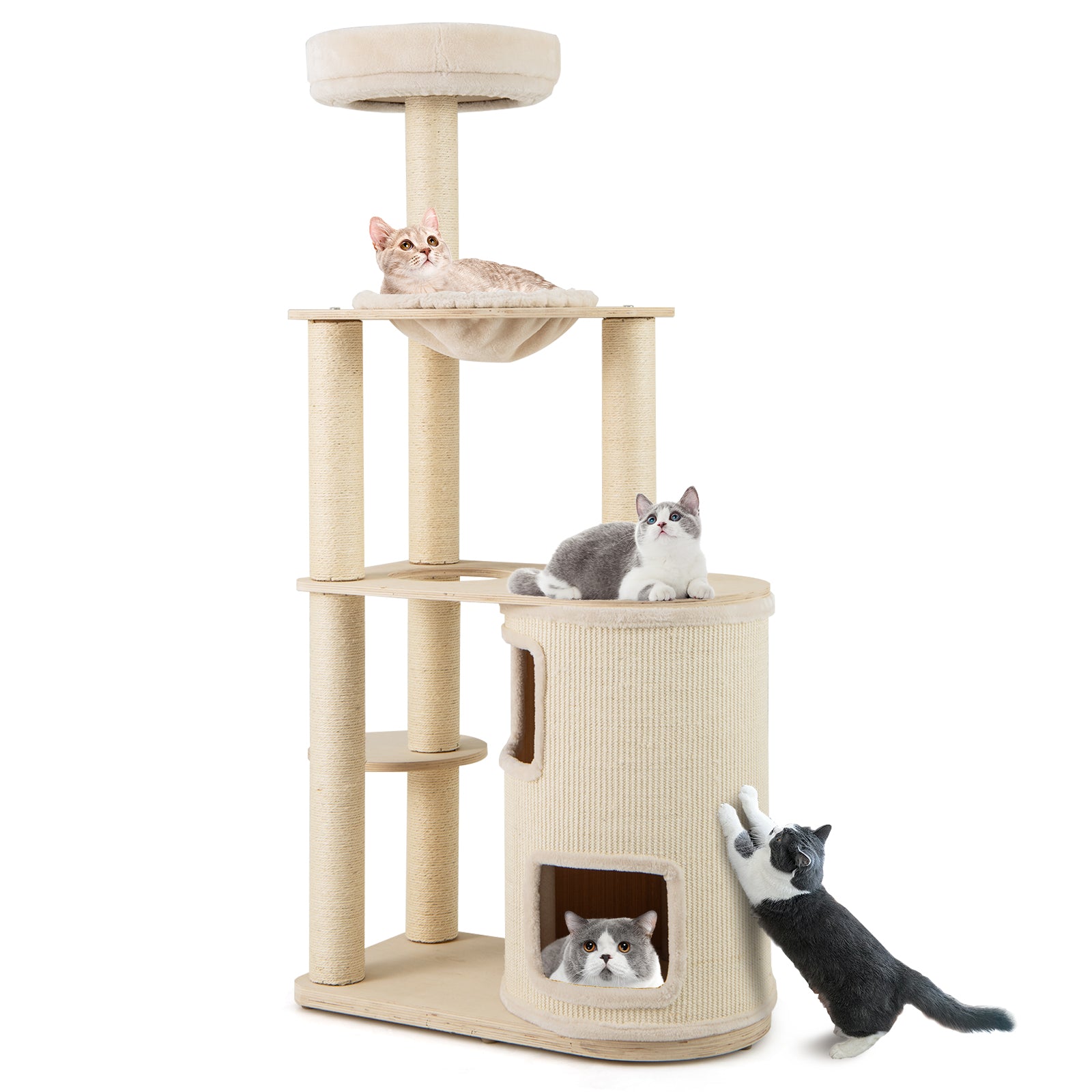 Tall Cat Tree for Indoor Cats Modern Wood Cat Tower with 2-Story Condo-Natural