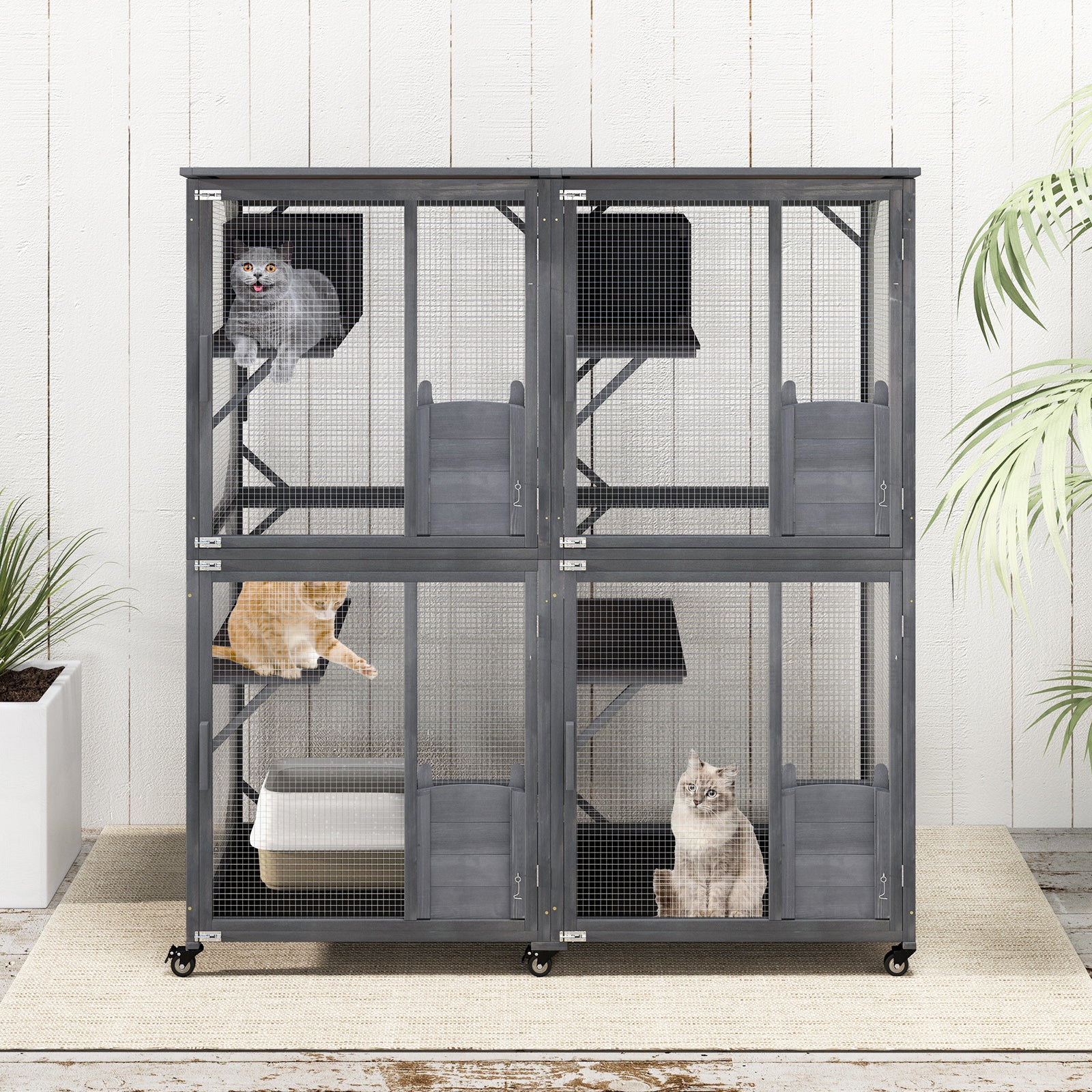 182 cm Tall Large Wooden Cat House with 4 Platforms and 2 Resting Boxes-Grey