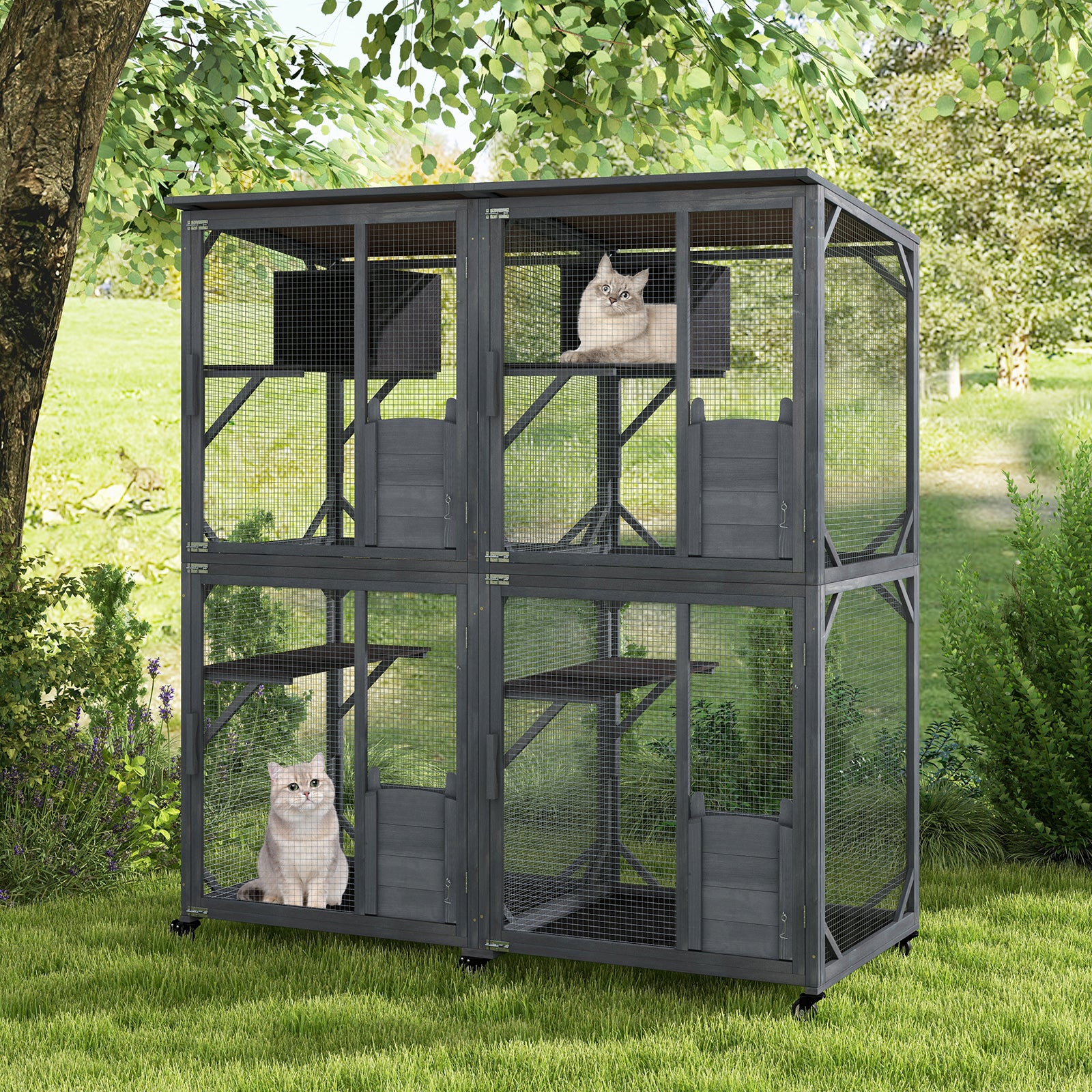 182 cm Tall Large Wooden Cat House with 4 Platforms and 2 Resting Boxes-Grey