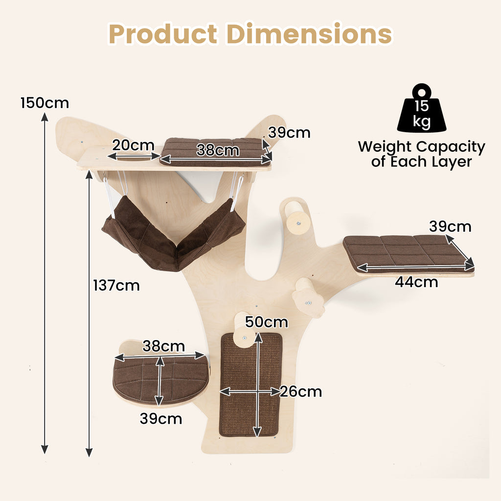 Wall-Mounted Cat Tower Furniture with Scratching Posts-Brown