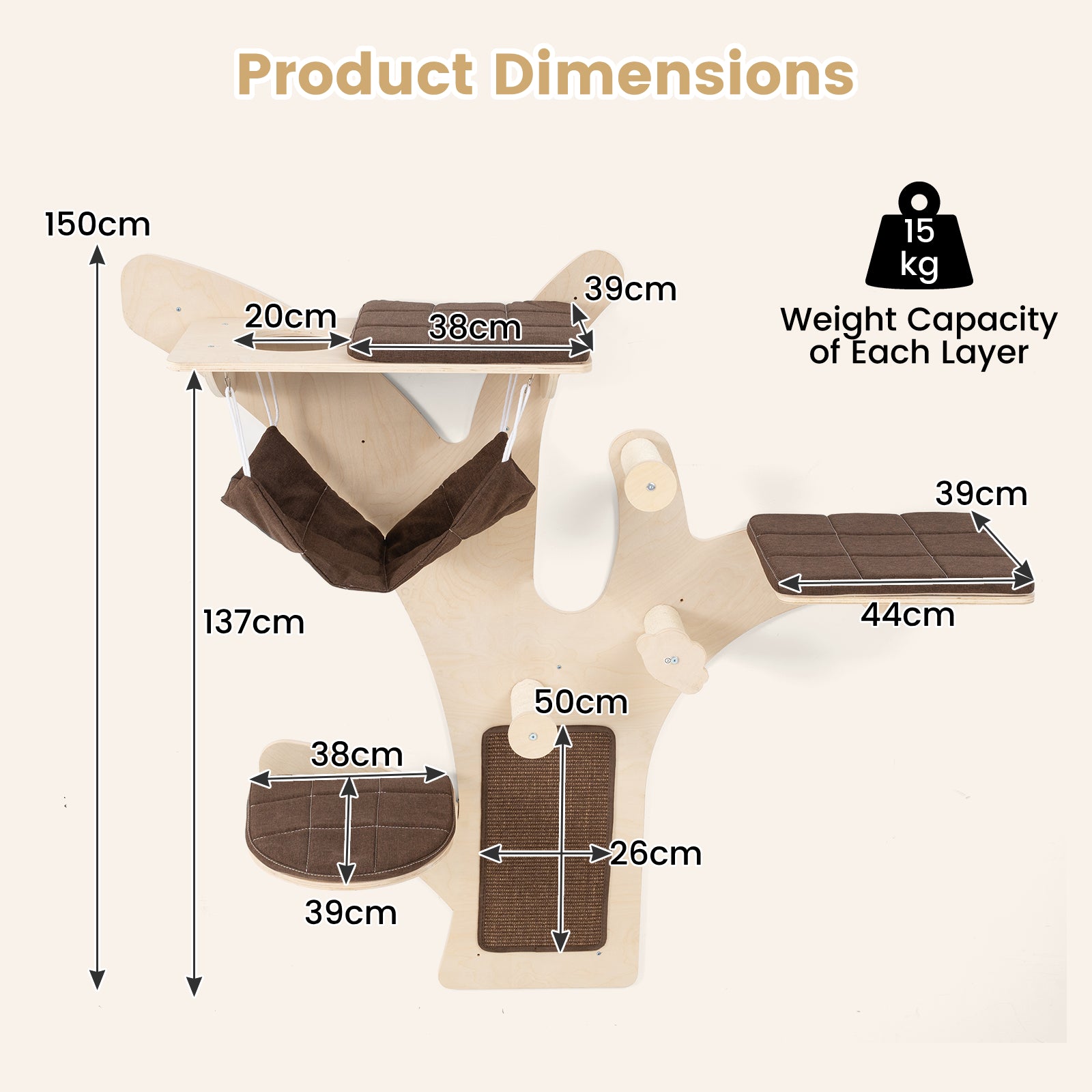 Wall-Mounted Cat Tower Furniture with Scratching Posts-Brown