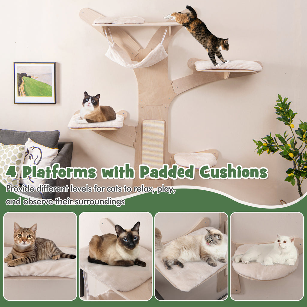 Wall-Mounted Cat Tower with Hammock-Natural