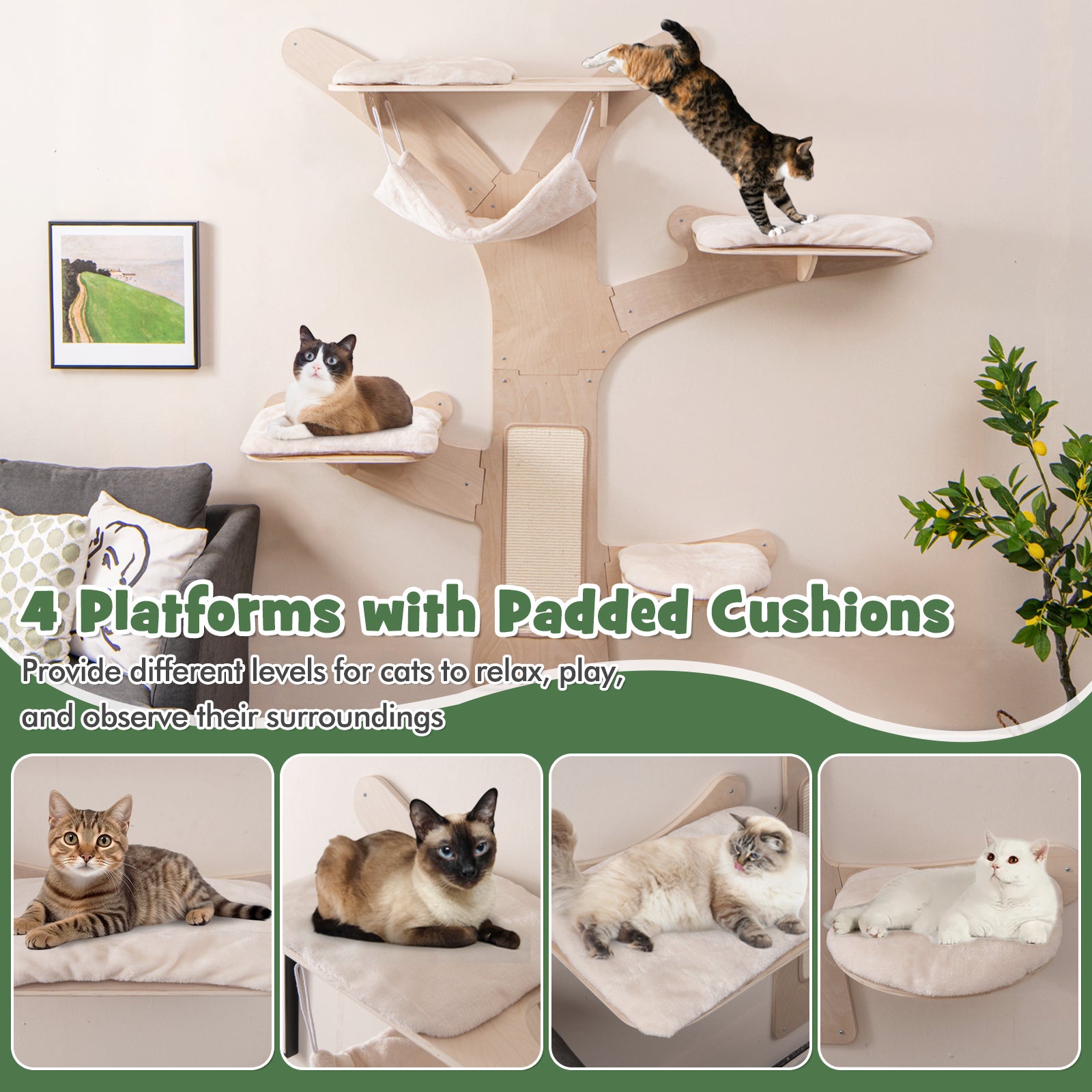 Wall-Mounted Cat Tower with Hammock-Natural