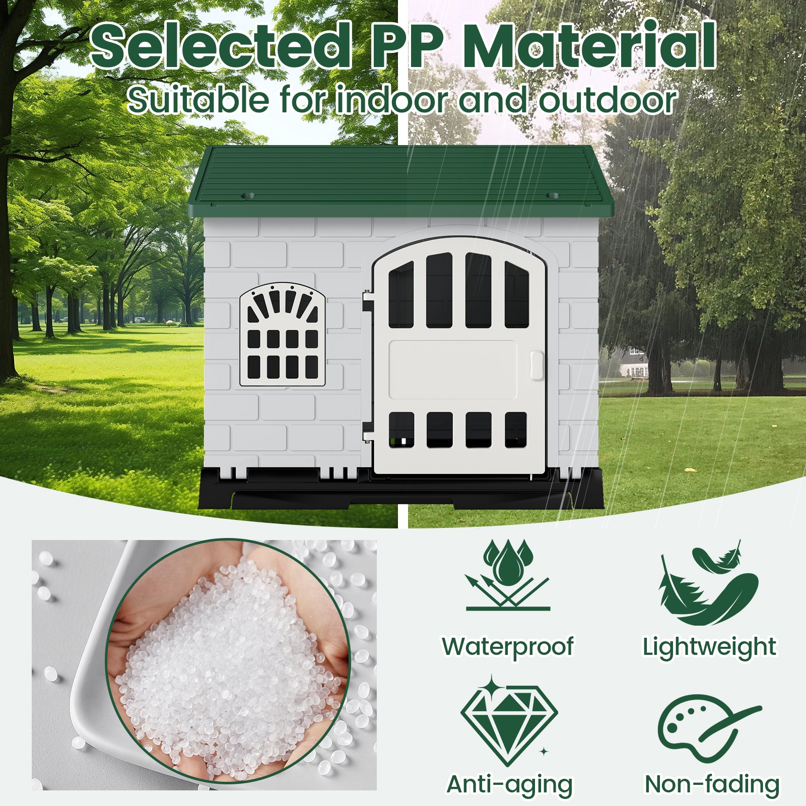 Weatherproof Pet Shelter with Removable Toilet Tray-Dark Green