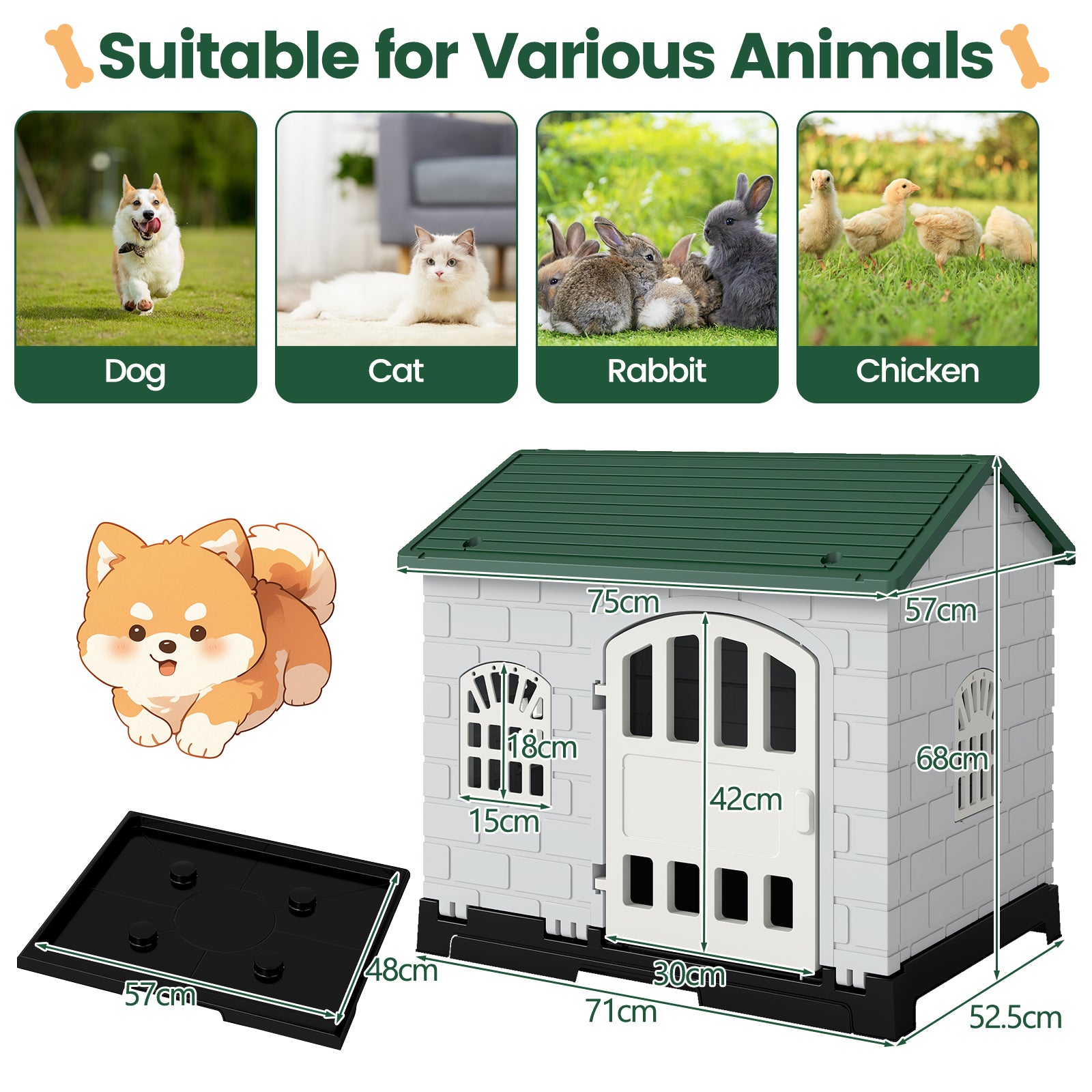 Weatherproof Pet Shelter with Removable Toilet Tray-Dark Green