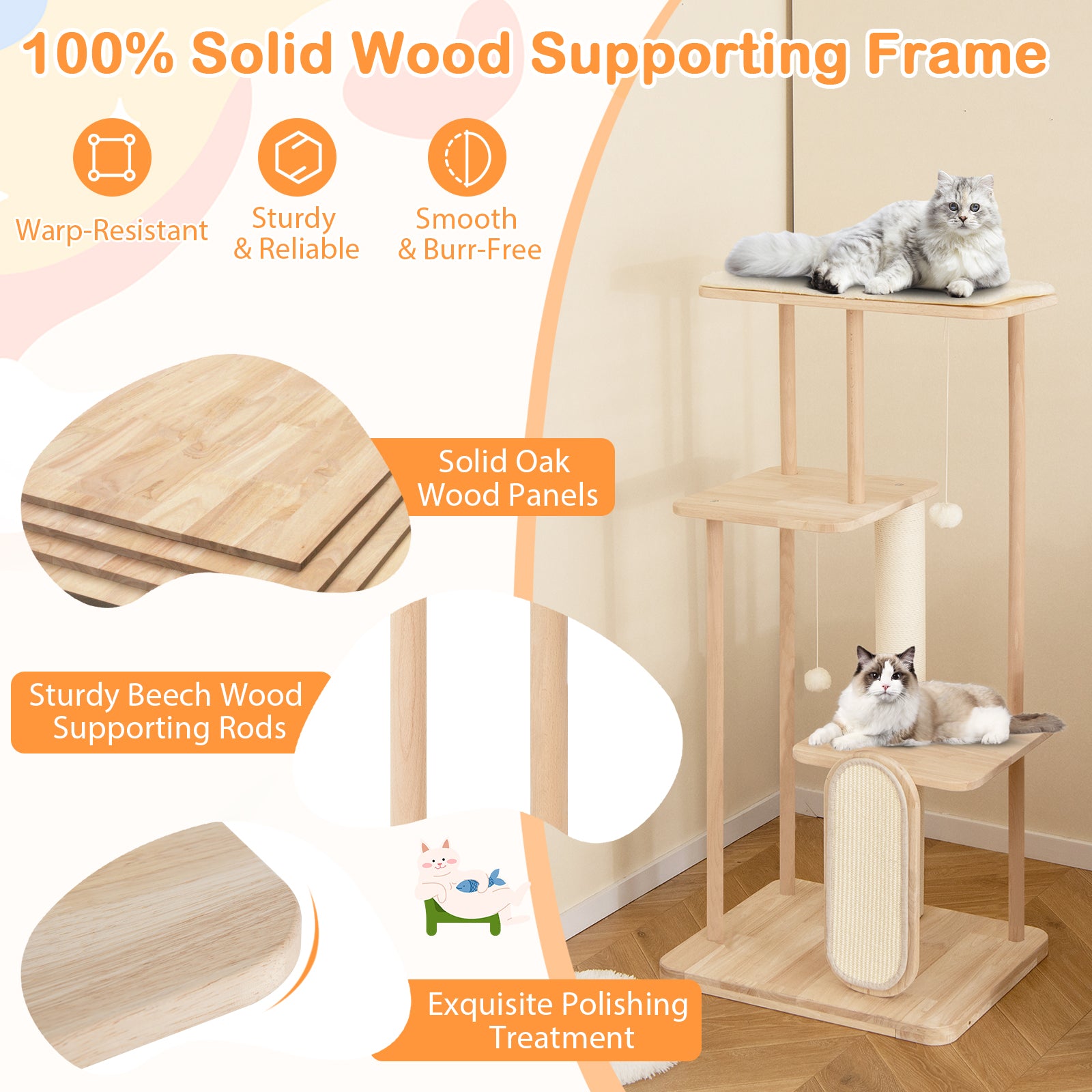 126 cm Tall Solid Wood Cat Tree with Oak Frame and Beech Post for Kittens and Adult Cats