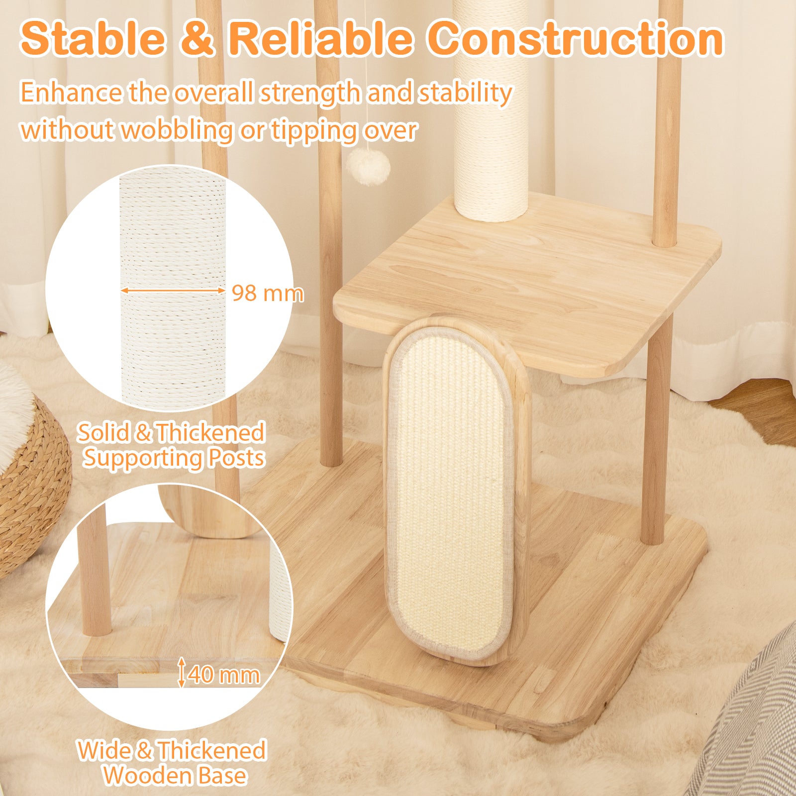 126 cm Tall Solid Wood Cat Tree with Oak Frame and Beech Post for Kittens and Adult Cats