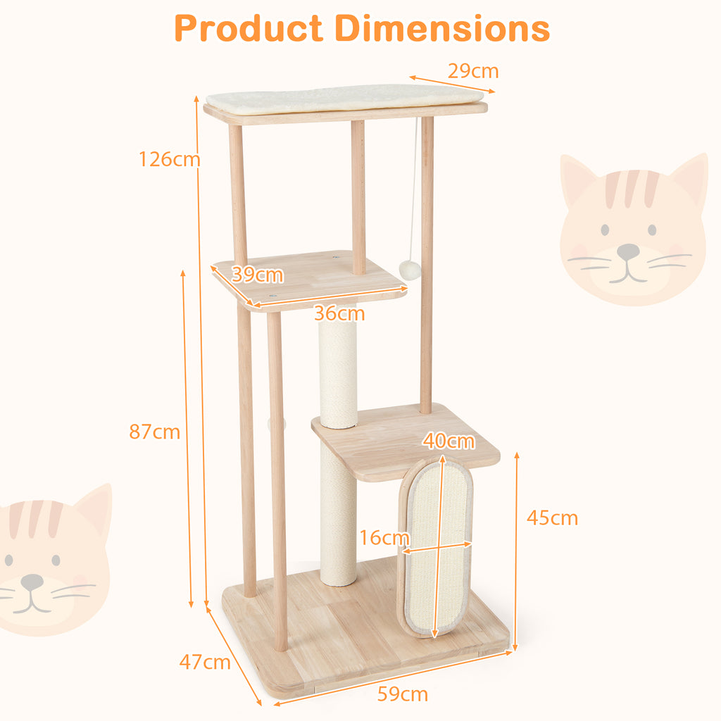 126 cm Tall Solid Wood Cat Tree with Oak Frame and Beech Post for Kittens and Adult Cats