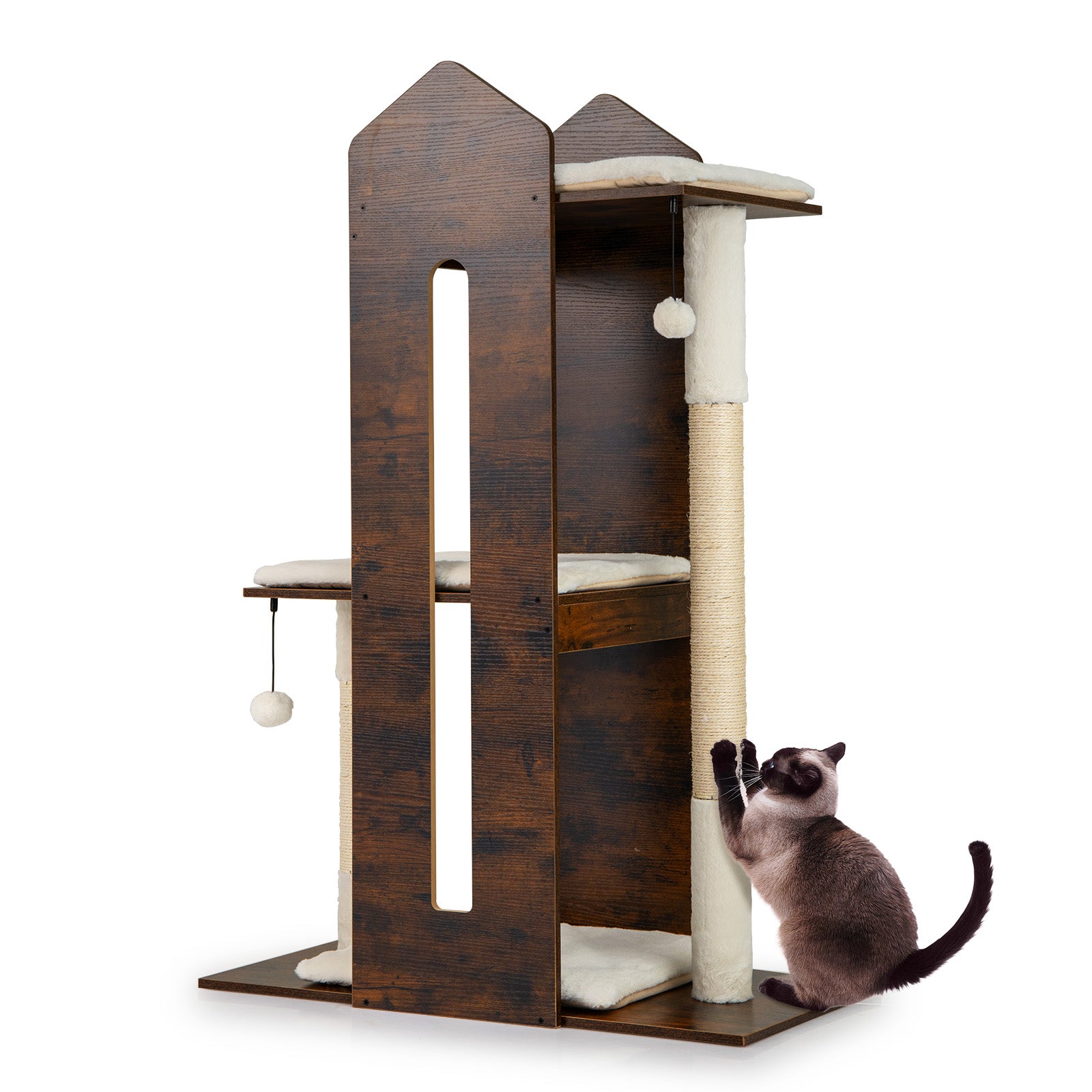 Wooden Cat Activity Center with Sisal Scratching Posts and Hanging Balls-Rustic Brown