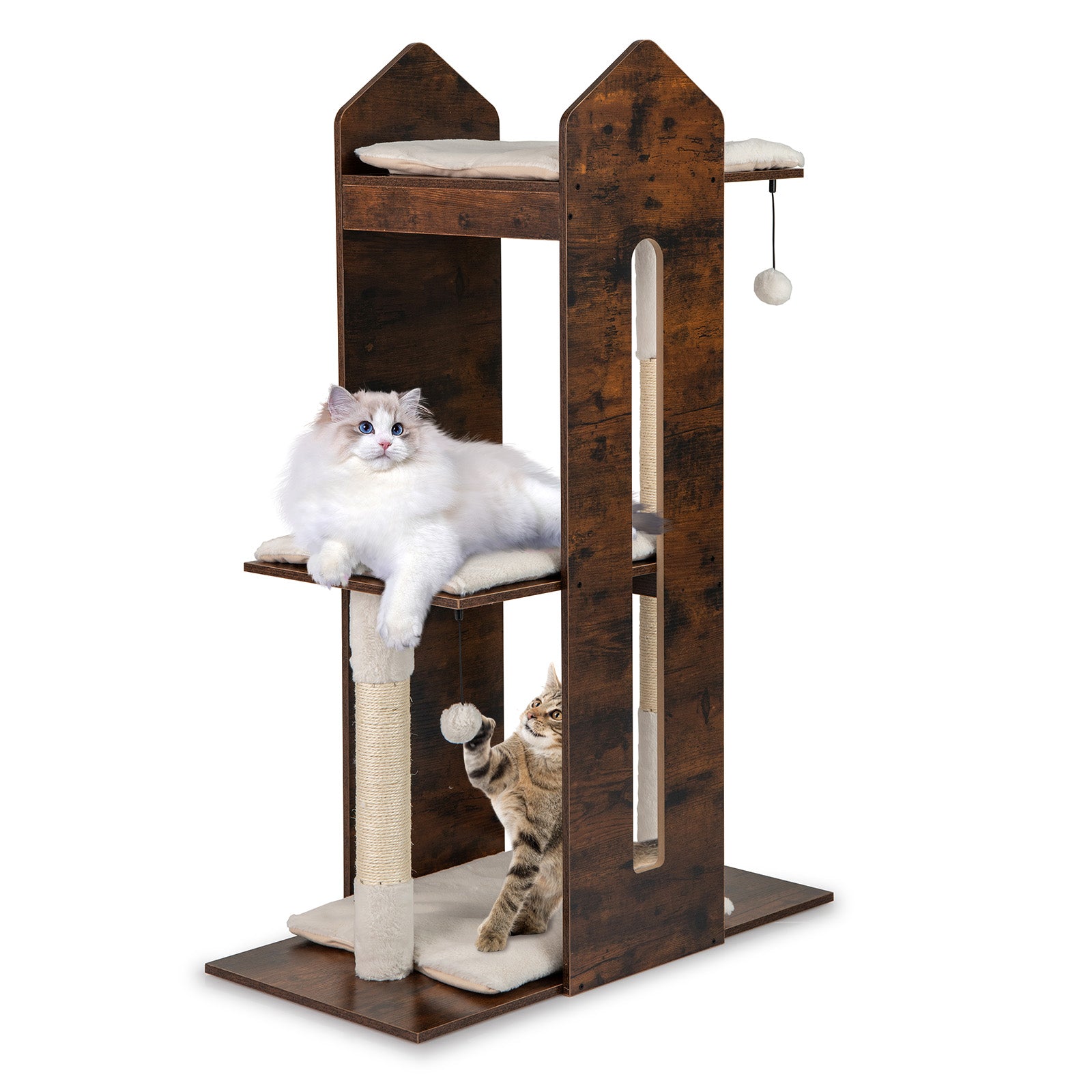 Wooden Cat Activity Center with Sisal Scratching Posts and Hanging Balls-Rustic Brown