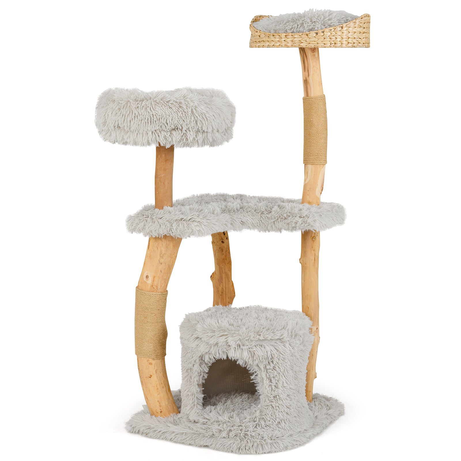 124 CM Tall Wooden Cat Tree with Jute Scratching Posts-Grey
