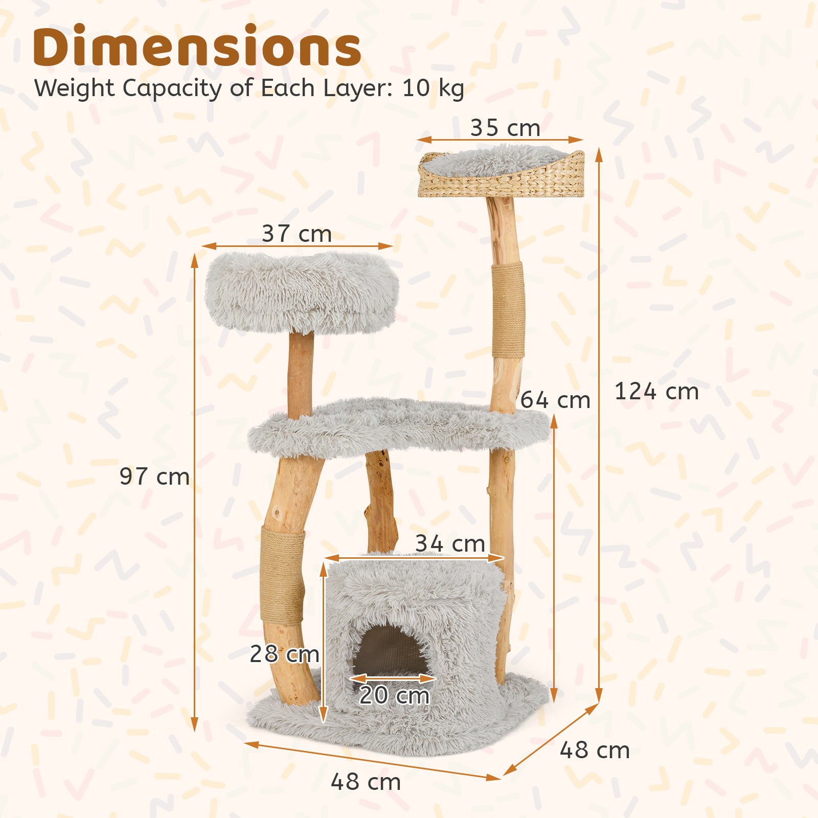 124 CM Tall Wooden Cat Tree with Jute Scratching Posts-Grey