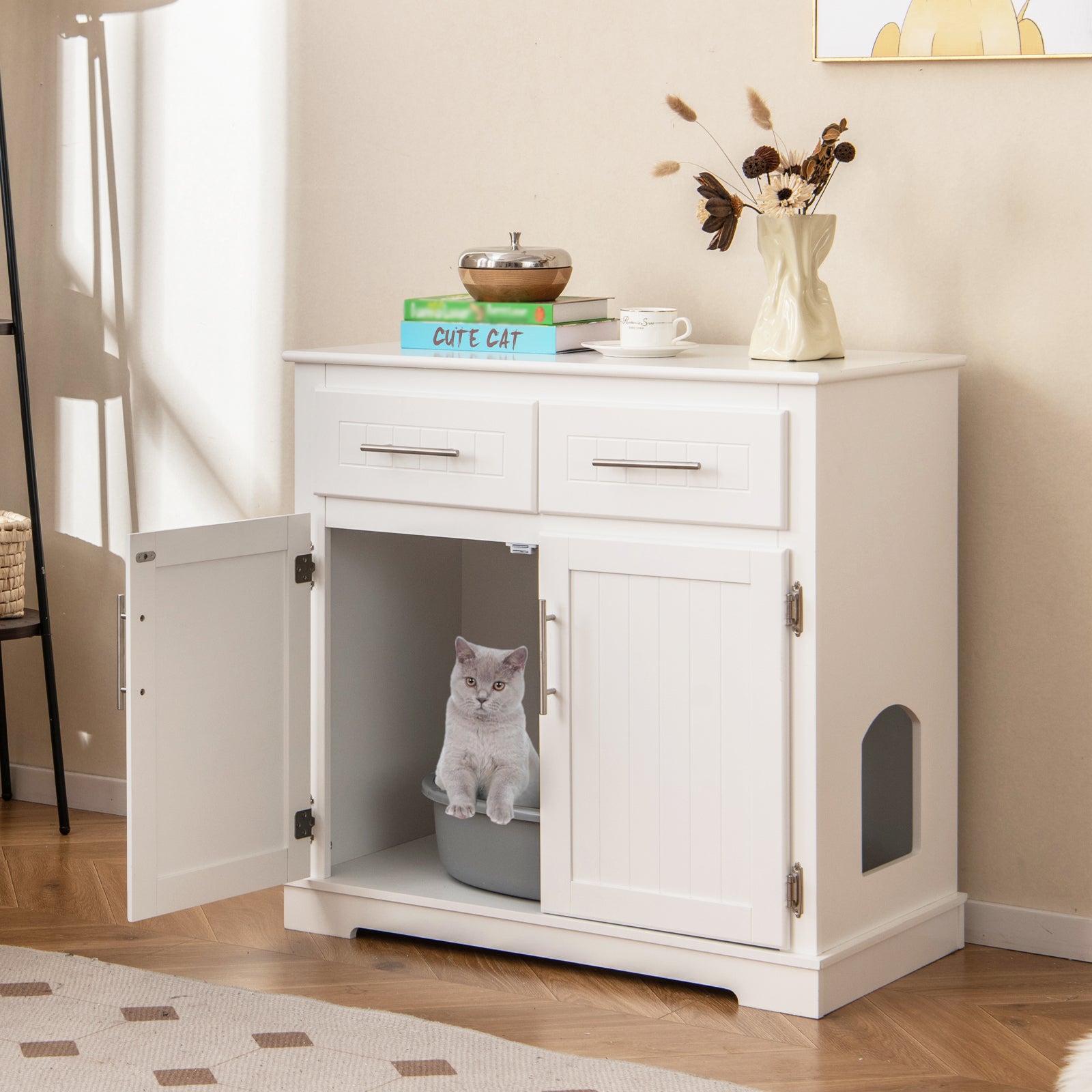 Cat Enclosure Washroom Side Cabinet Wooden Pet House with 2 Drawers-White