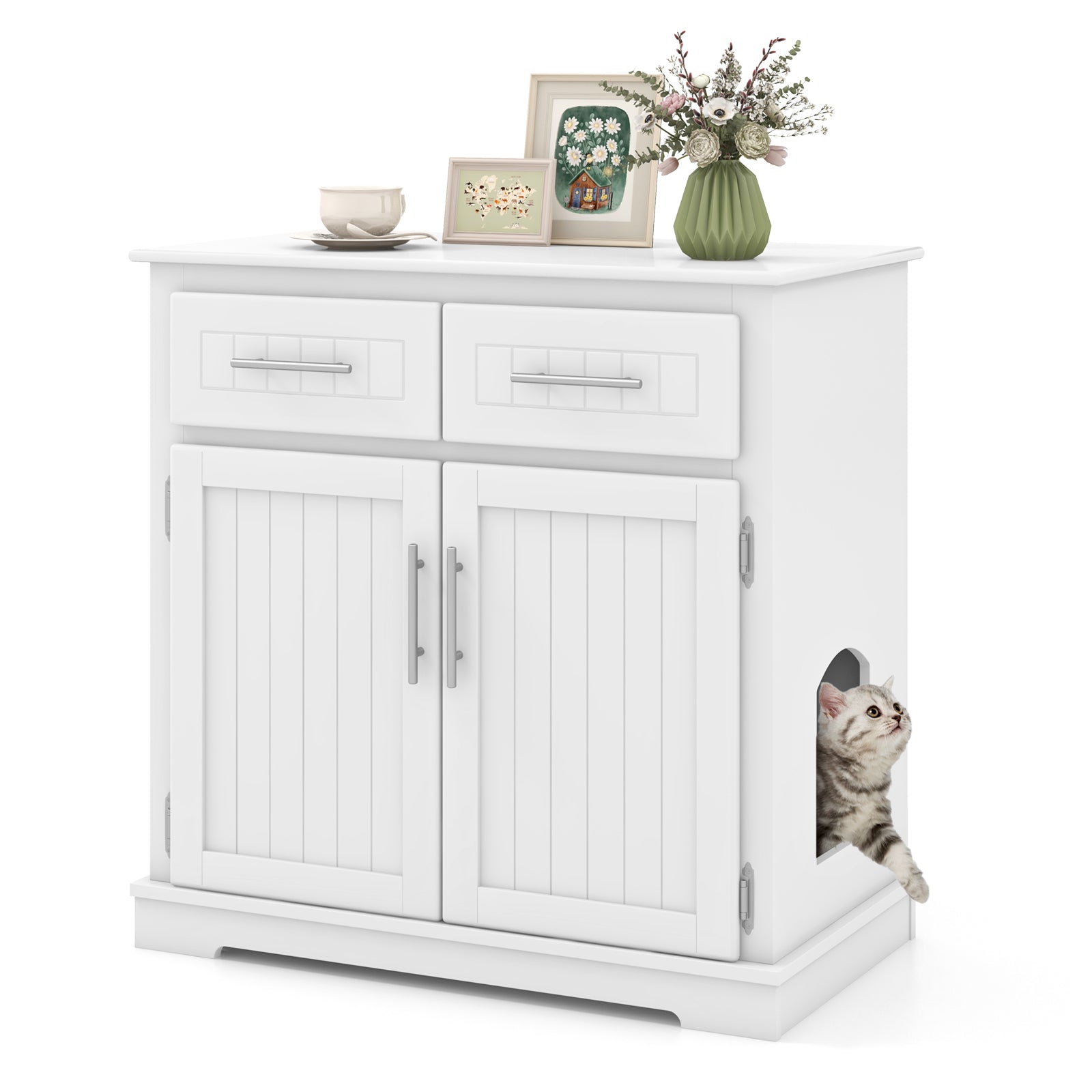 Cat Enclosure Washroom Side Cabinet Wooden Pet House with 2 Drawers-White