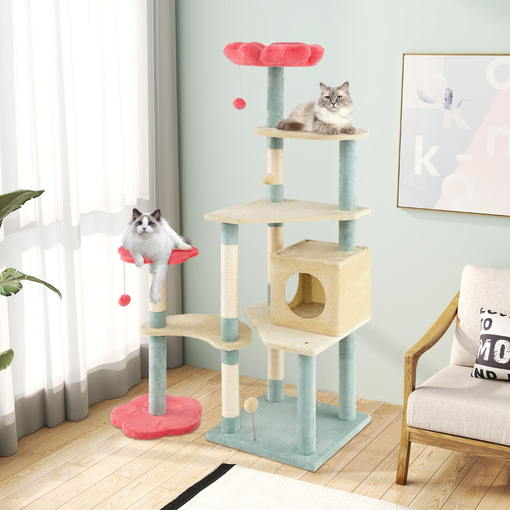 Multi-Level Aesthetic Floral Kitten Tower with Flower-Shaped Padded Perch-Colourful