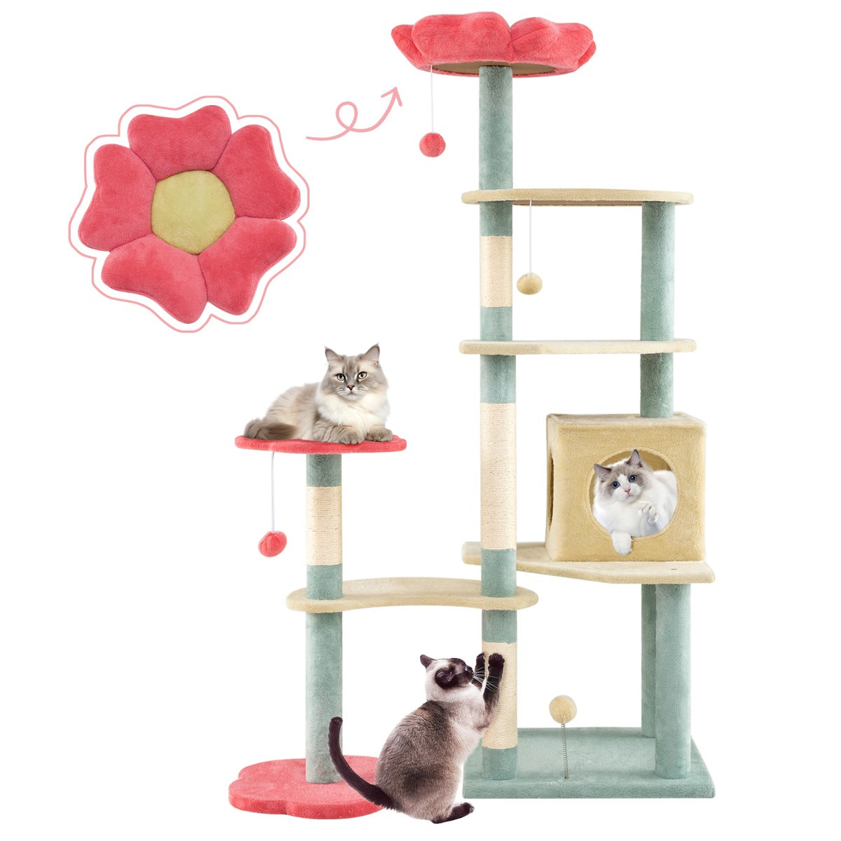 Multi-Level Aesthetic Floral Kitten Tower with Flower-Shaped Padded Perch-Colourful