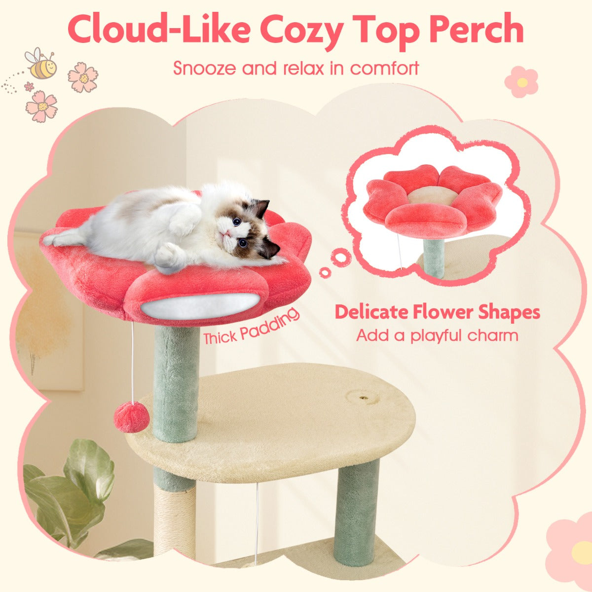 Multi-Level Aesthetic Floral Kitten Tower with Flower-Shaped Padded Perch-Colourful