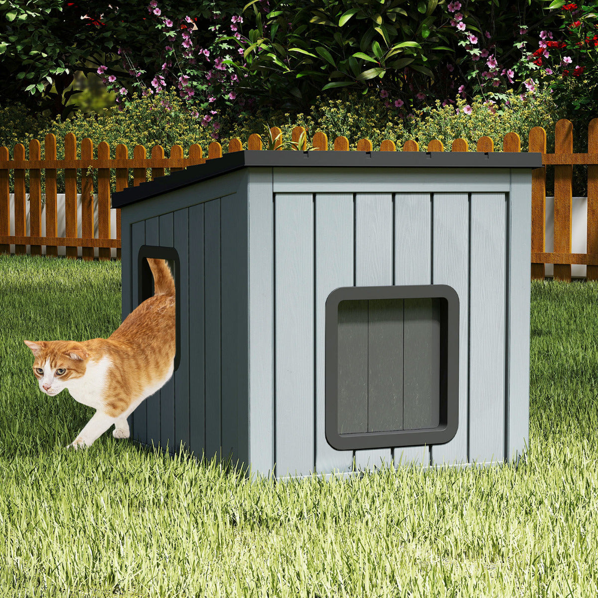 Cat House Pet Kennel with 2 PVC Doors and Sloped Roof-Grey