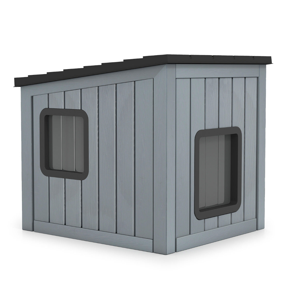 Cat House Pet Kennel with 2 PVC Doors and Sloped Roof-Grey