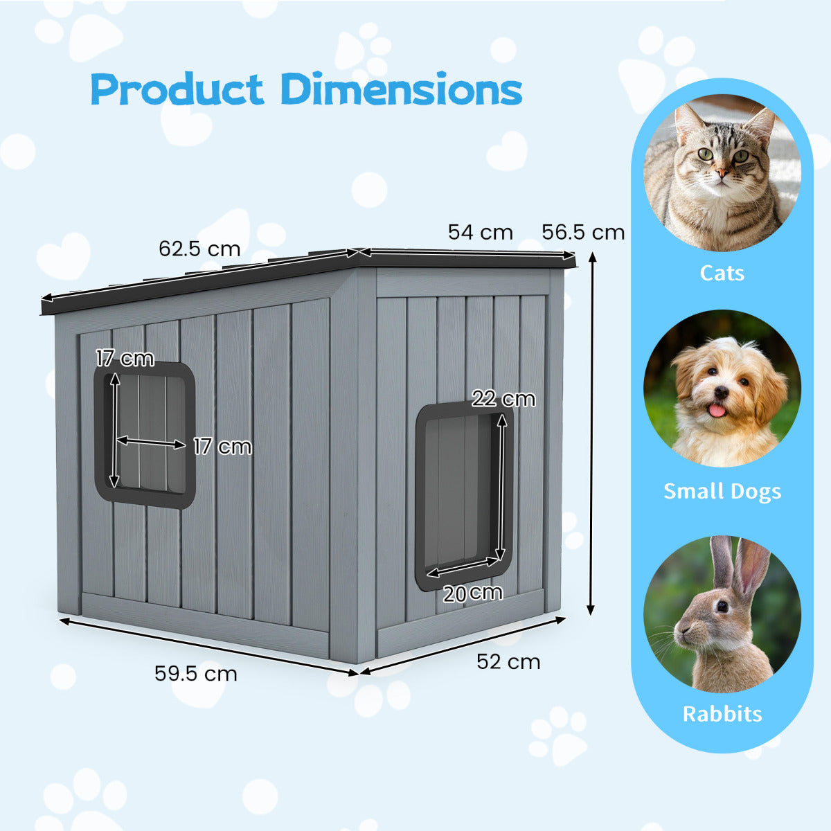 Cat House Pet Kennel with 2 PVC Doors and Sloped Roof-Grey