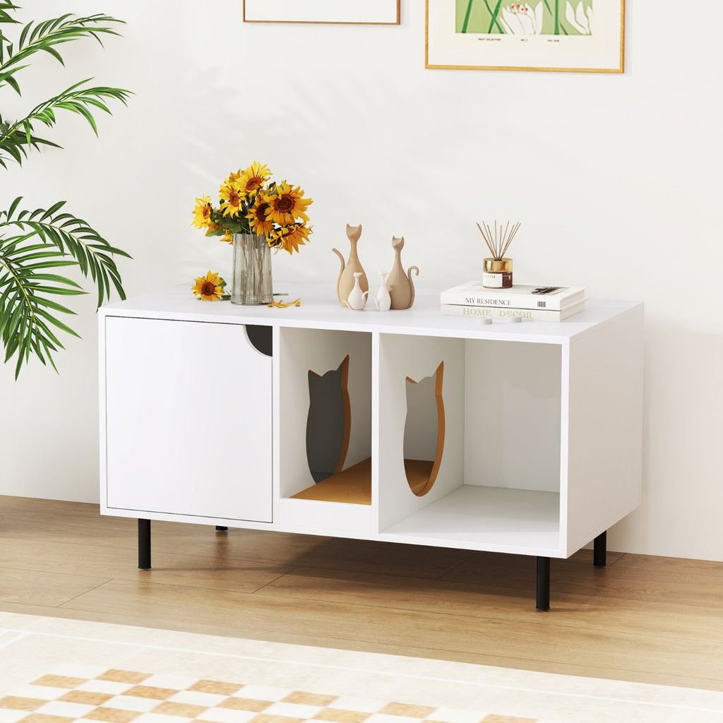 Cat Litter Box Enclosure with Storage and Removable Scratching Board-White