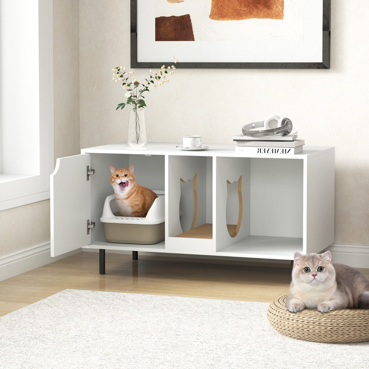 Cat Litter Box Enclosure with Storage and Removable Scratching Board-White