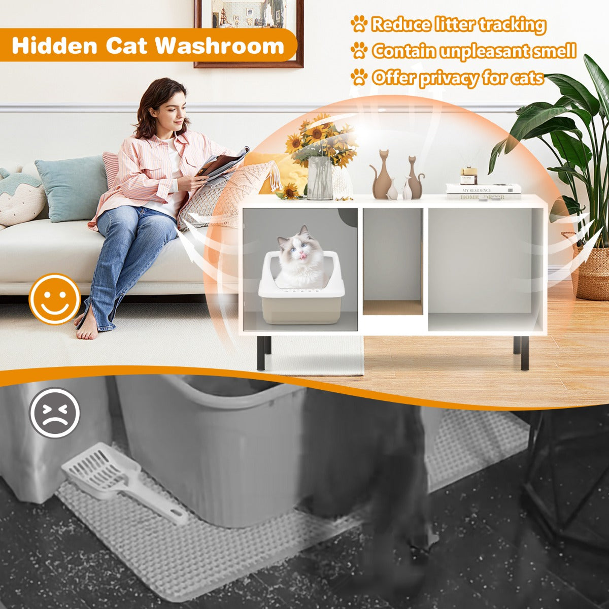 Cat Litter Box Enclosure with Storage and Removable Scratching Board-White