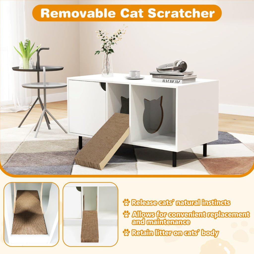 Cat Litter Box Enclosure with Storage and Removable Scratching Board-White